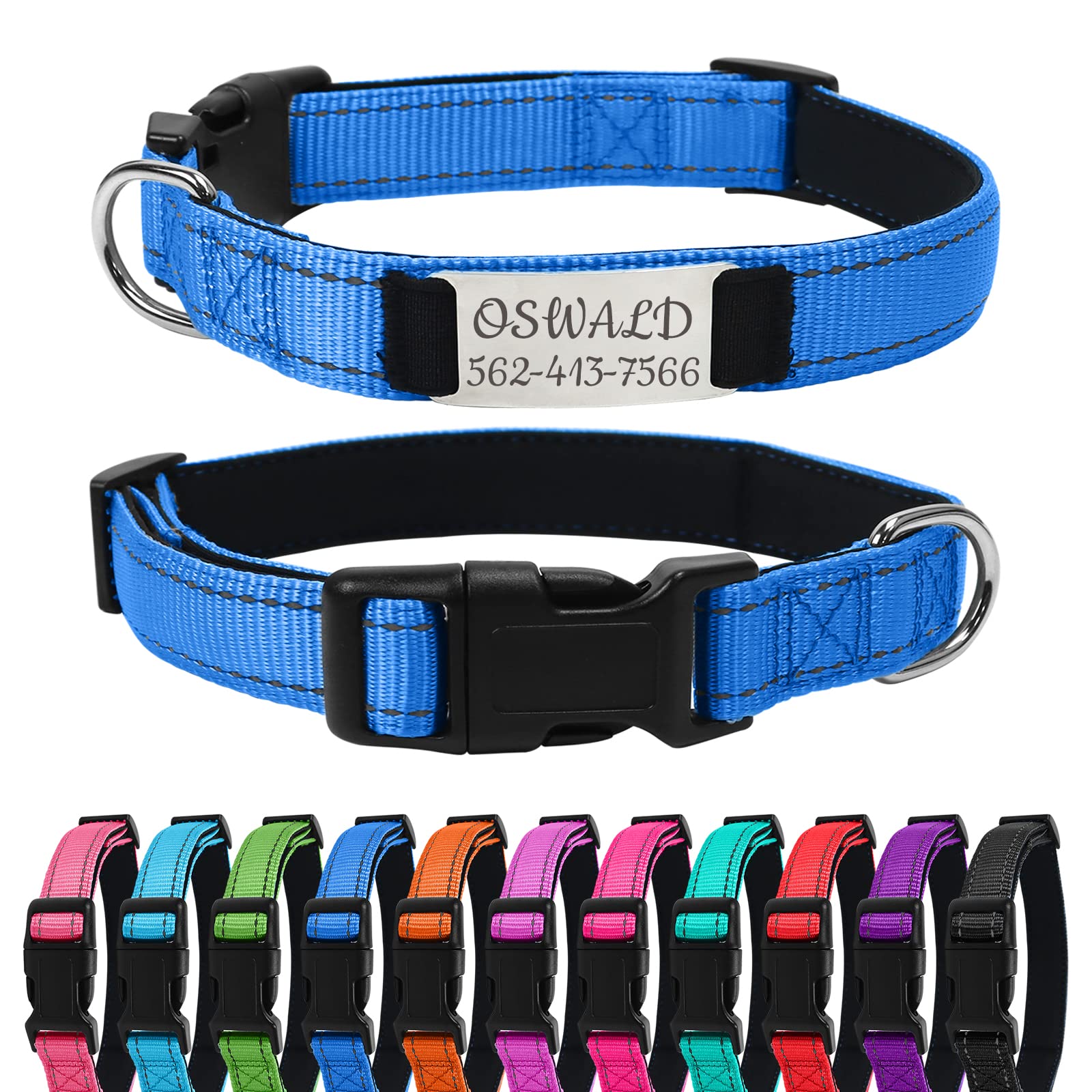 Uiopa Reflective Dog Collar with Name Plate, Personalised Dog Collars with Name & Phone Number, Adjustable Dog Collar for Small Medium Large Dogs, Large Dog Collar Navy Blue