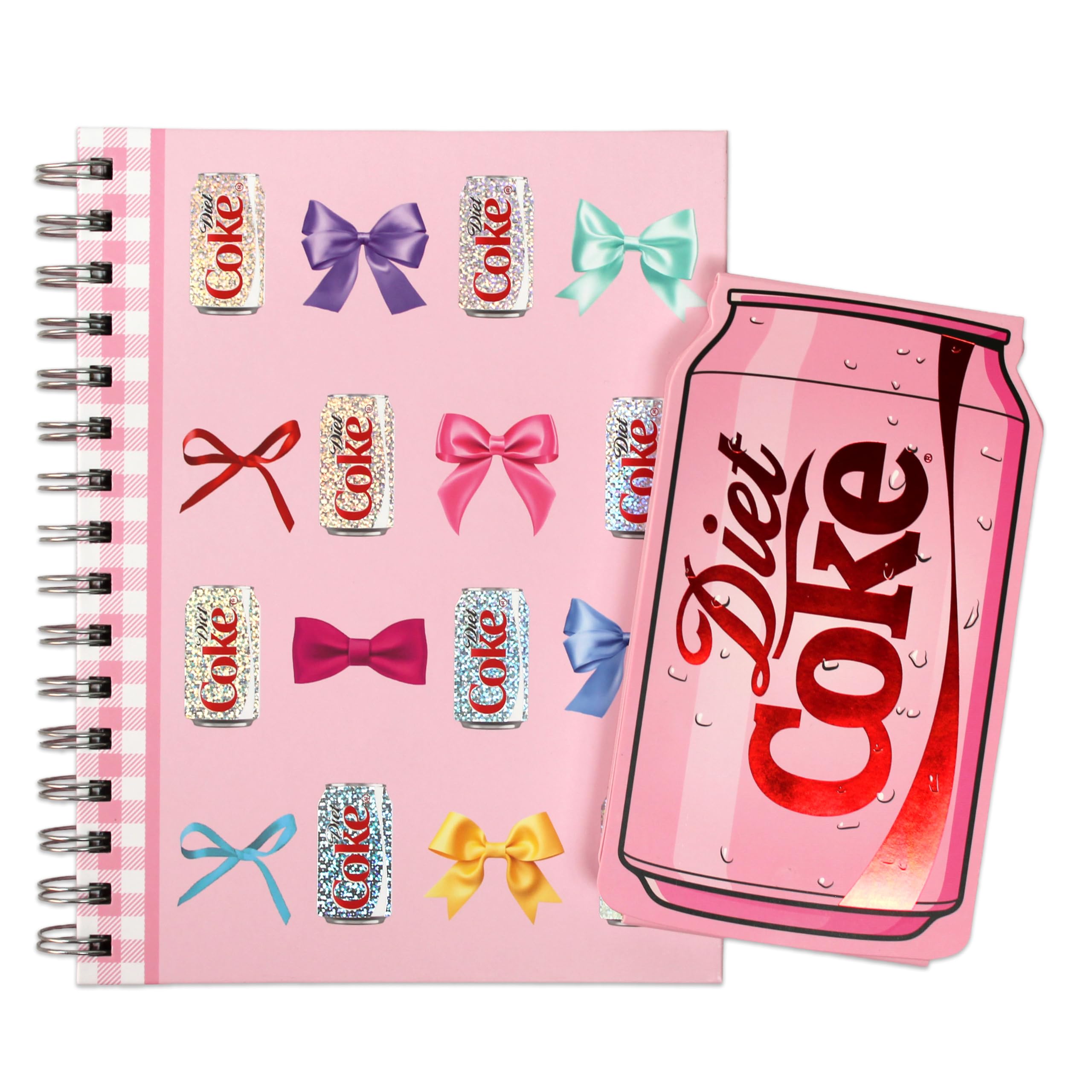 CrownJewlz Coca-Cola Diet Coke Spiral Journal with Folding Pocket Notepad, Bows and Glitter Can Pattern, Pink and Shiny Red Can, Cute Aesthetic for Travel, School, Office, and Daily Writing
