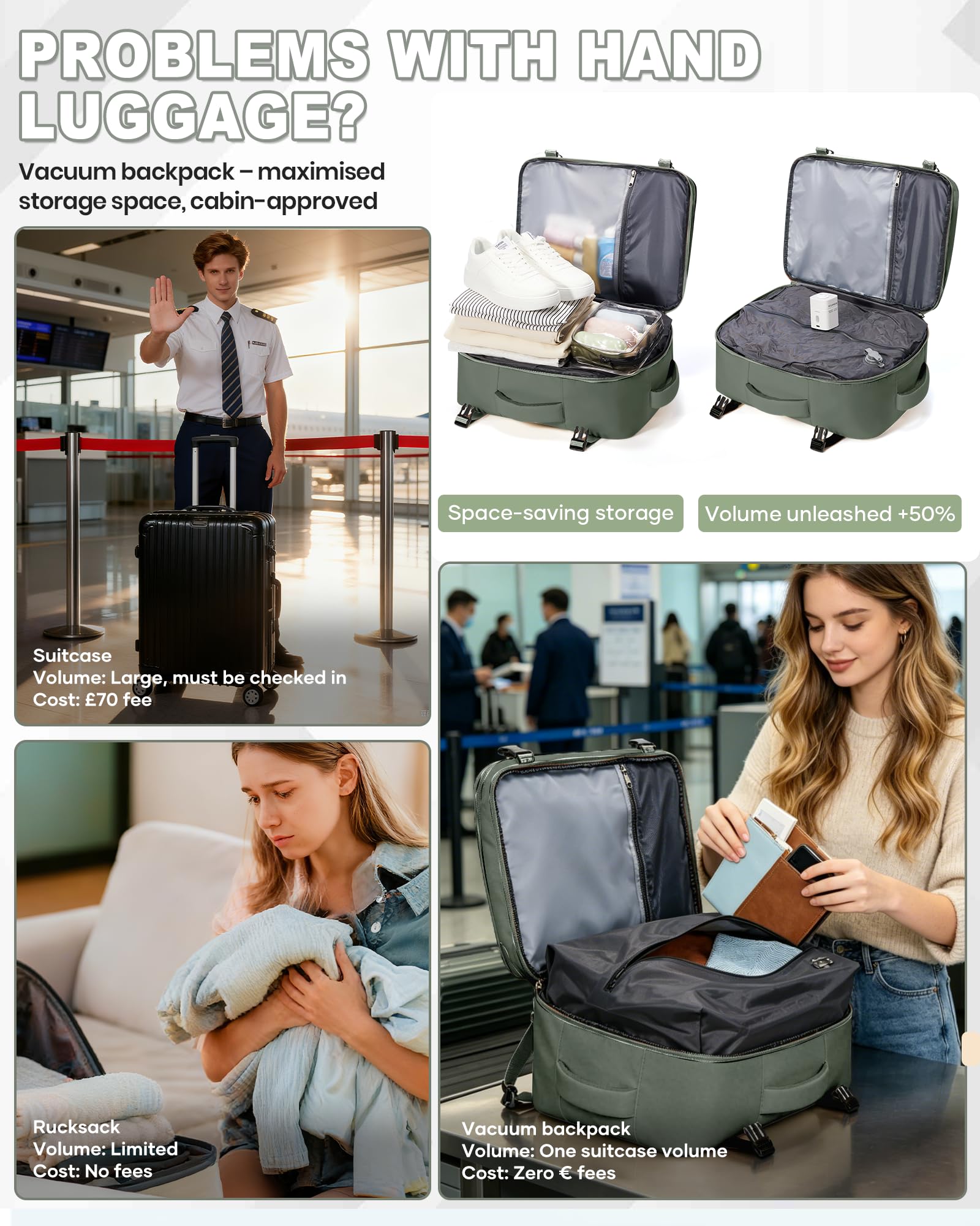 SZLX Plecak Próżniowy Bagaż Podręczny Dla Kobiet, Plecak Z Poduszką i Systemem Próżniowym Do Podróży, Plecak Podróżny Ryanair W Rozmiarze Kabinowym Z Pompką, Wodoodporna Walizka Próżniowa Dla Mężczyzn