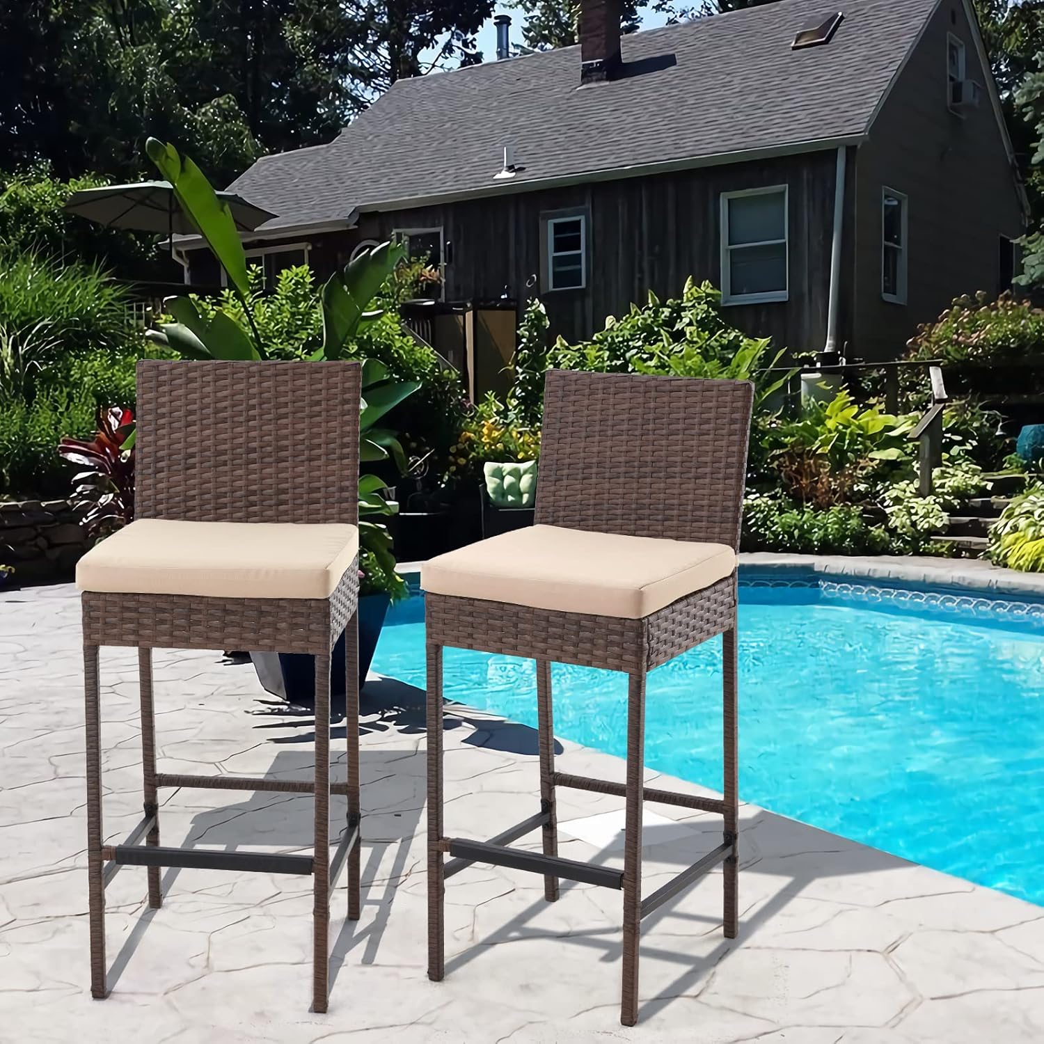 ECOTOUGE Rattan Bar Stools Set of 2, Patio Wicker Bar Stools with Cushions, Patio Bar Chairs Armless for Backyard, Poolside, Deck (Brown)
