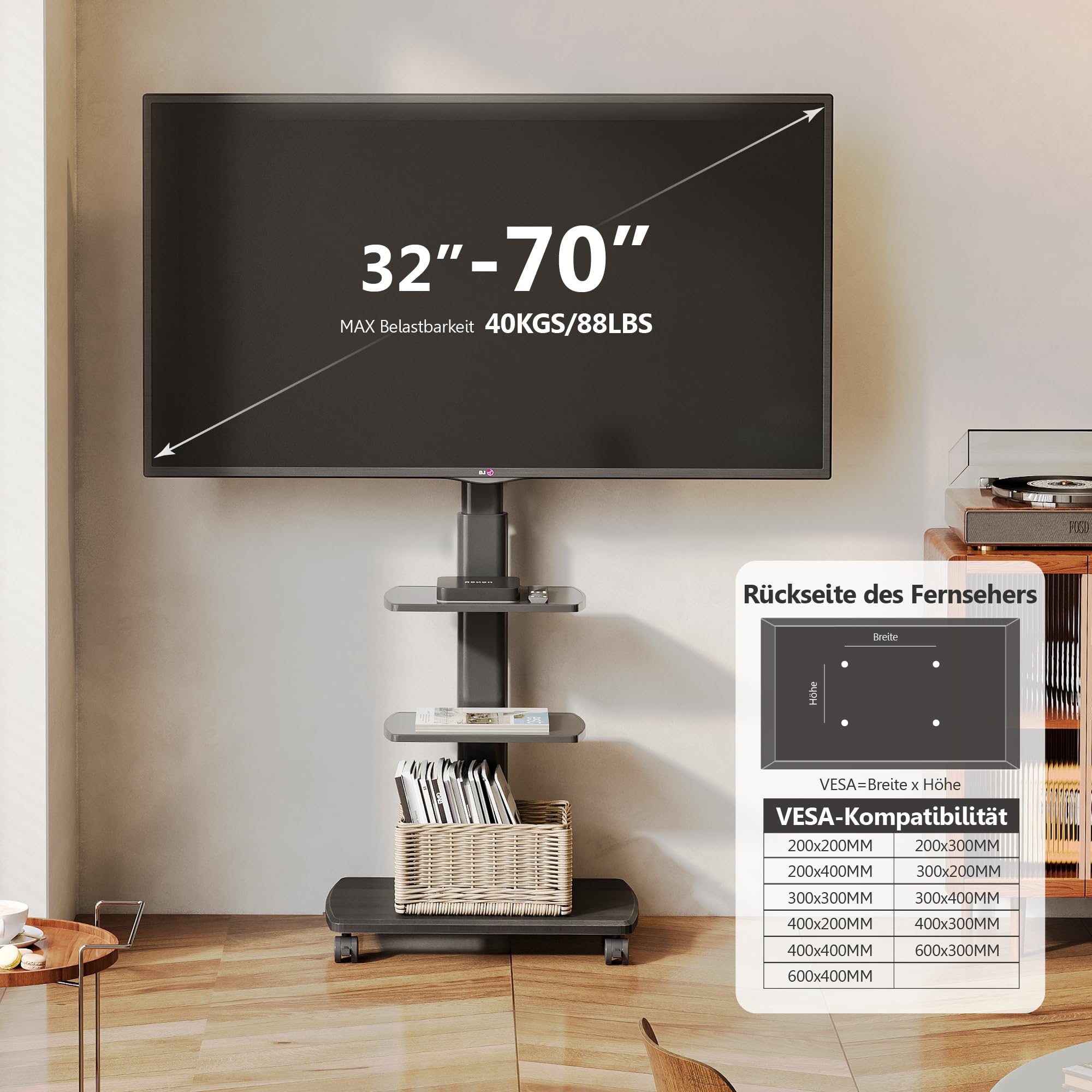 FITUEYES TV Ständer Rollbar, TV Standfuß mit 3 Ablagen für 32-70 Zoll Fernseher bis 40 kg, Höhenverstellbar & Schwenkbar, Max. VESA. 600 * 400 mm, Geeignet für Mietwohnungen Büros, Schwarz