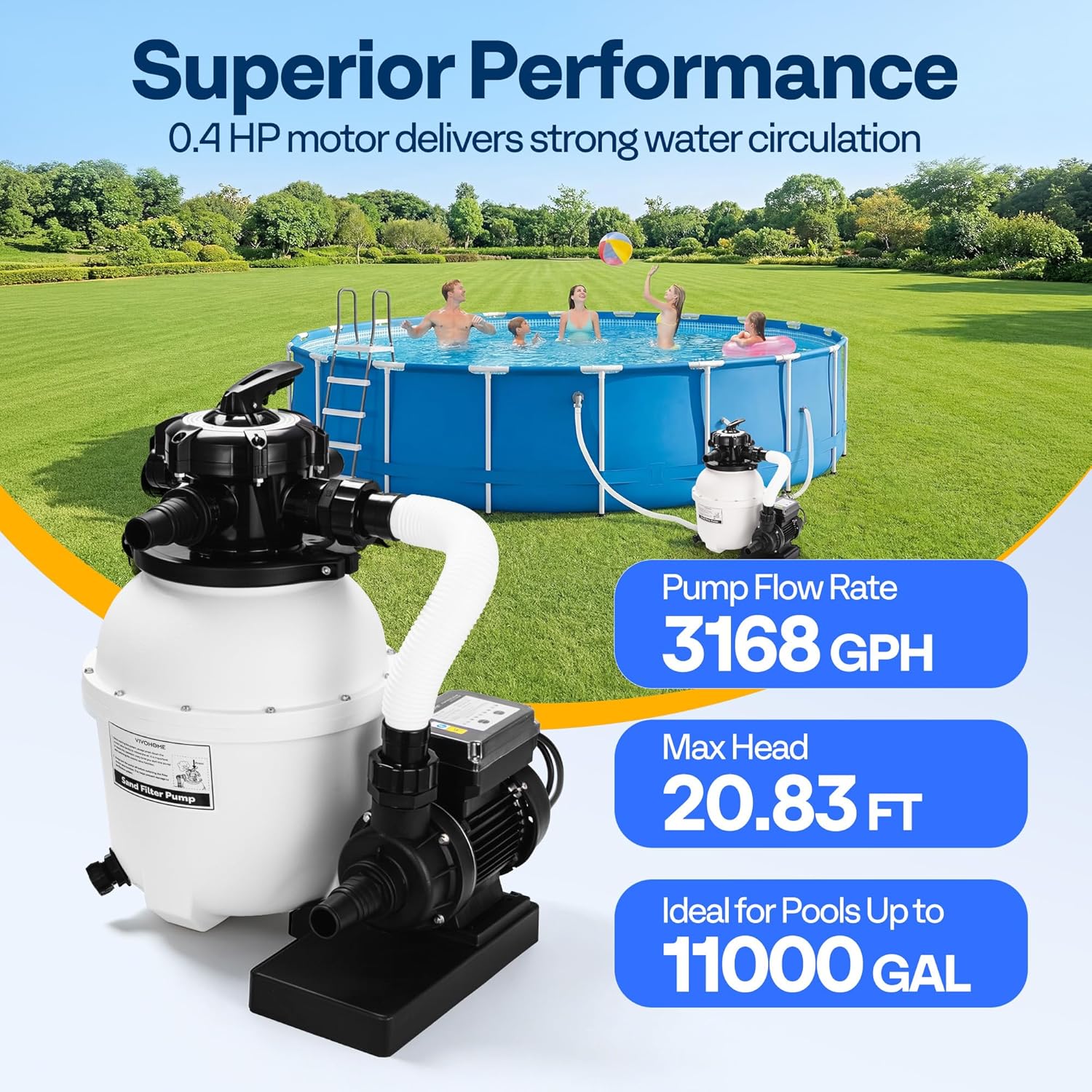 VIVOHOME 12 in Sand Filter Pump for Above Ground Pool, 0.4 HP 3168 GPH, 24H Timer, for Pools Up to 11,000 Gallons, with Cordless Pool Vacuum with Telescopic & Extension Poles 9.12ft, 18.5 GPM - Green