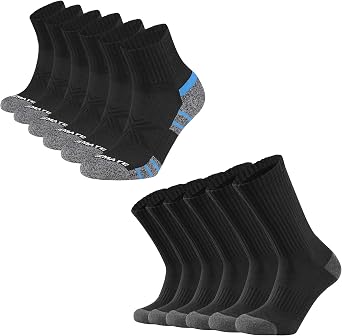 CLOSEMATE 6 Pairs Mens Black Cotton Crew Socks US Mens Size 9-12 and 6 Pairs Mens Athletic Ankle Socks US Mens Size 12-15
