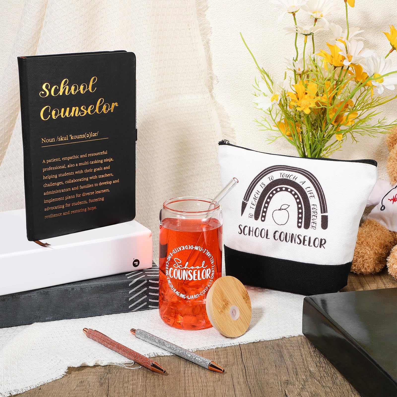 7 Pcs School Counselor Gift Sets Guidance Counselor Welcome Gift Include 16 oz Iced Cups Canvas Tote Makeup Bag Notepad 3 Ballpoints Pen for Back to School Women Teacher Educator Work