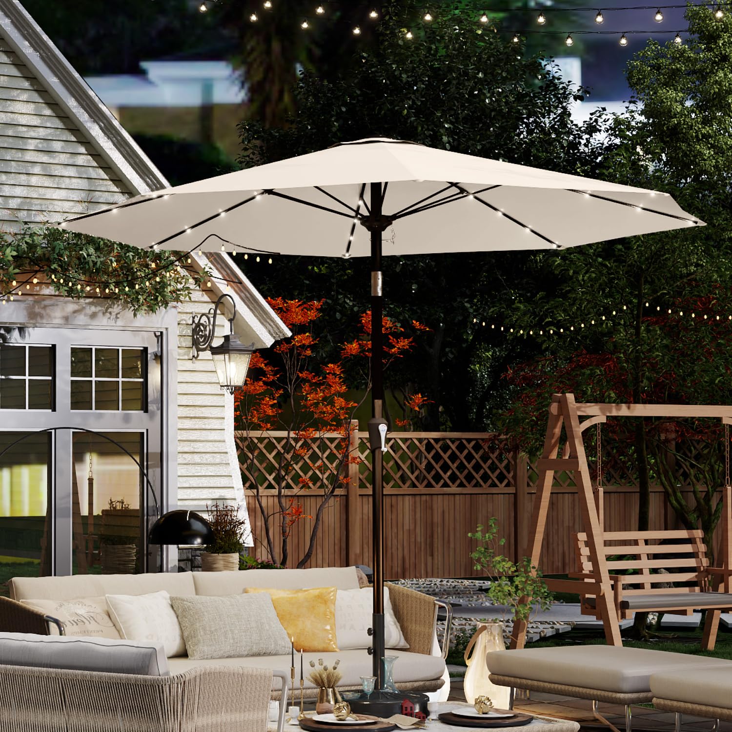 Patio Kingdom 10FT Solar Umbrella 32 LED Lighted Patio Umbrella Table Market Umbrella w/Tilt and Crank, UV-Resistant Outdoor Umbrella for Pool, Garden, Deck, Creamy White : Patio, Lawn & Garden