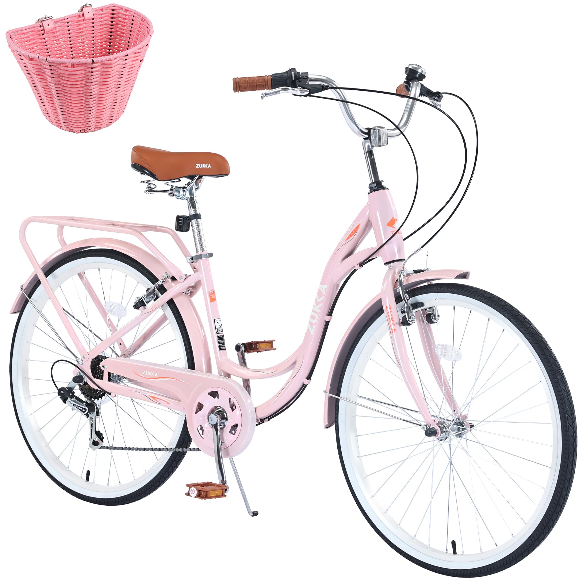 24/26 Inch Cruiser Bicycle with 7 Speed，Beach Cruiser Bike for Women，24”/26” Womans Bike Pink，Hybrid Cruiser Bike 7 Speeds Trek Hybrid Bike for Women,6 Colors