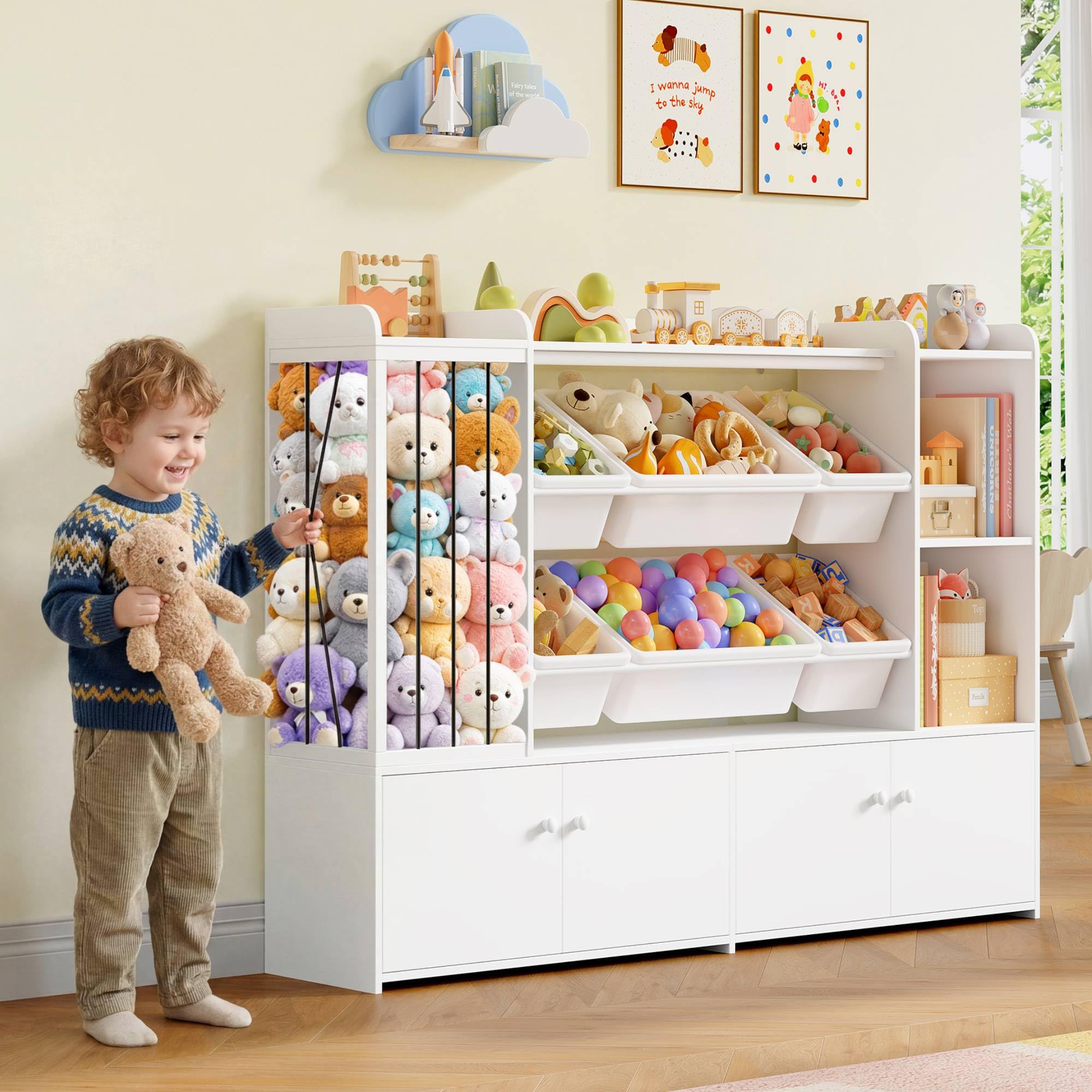 FOREHILL 137cm Breit Kinderregal, Kuscheltier Aufbewahrung, Bücherregal Kinder mit 6 Spielzeugkisten, Spielzeugregal, Kinderzimmer Möbel,Wohnzimmer,Schlafzimmer 137,3x28x94cm Weiß