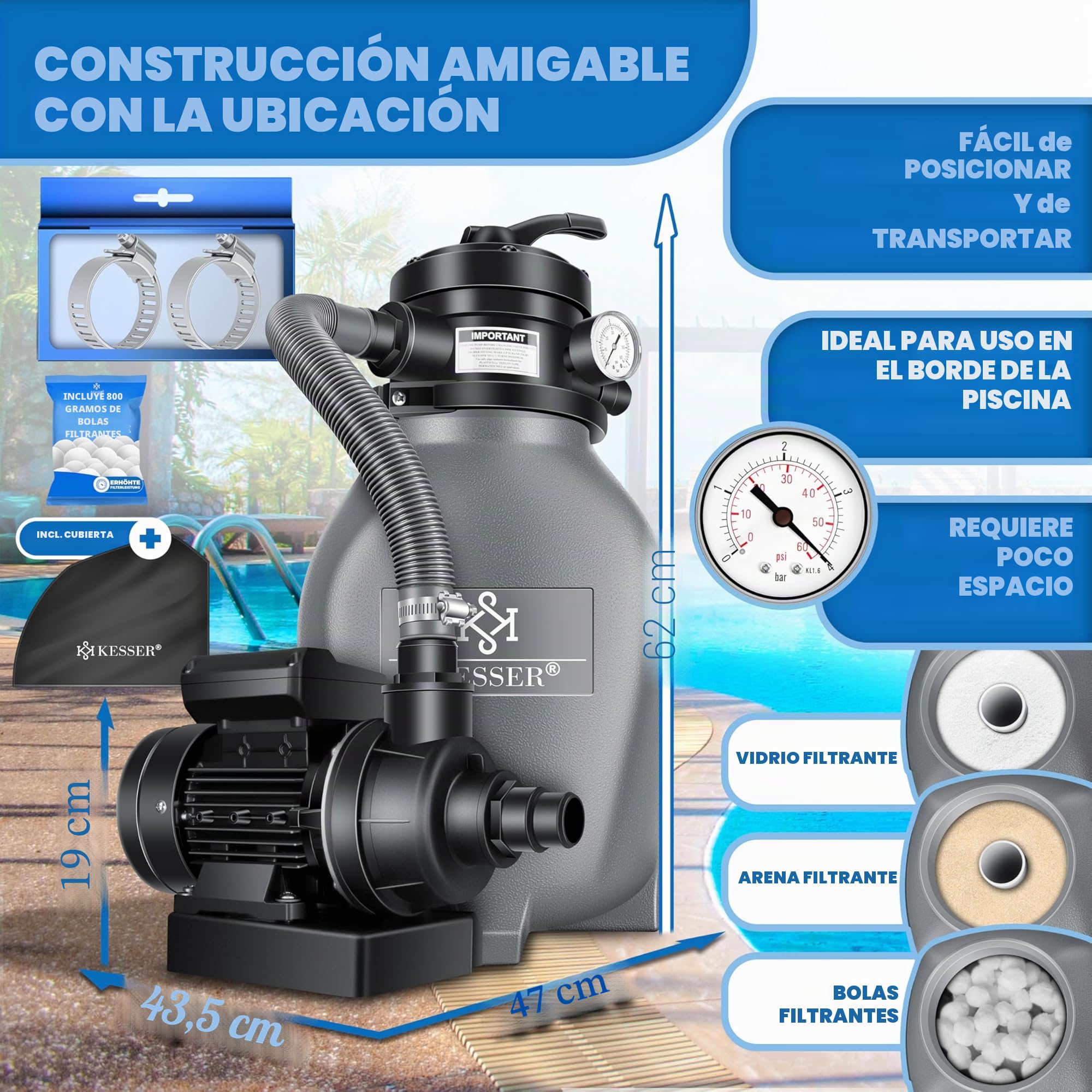 KESSER® Filtro de Arena, Sistema de filtrado de Arena + Bolas de filtrado de 700 g Que sustituyen a Las de 25 kg de Arena de filtrado para Piscinas, Sistema de filtrado de 10 mġ/h para Piscinas,Gris