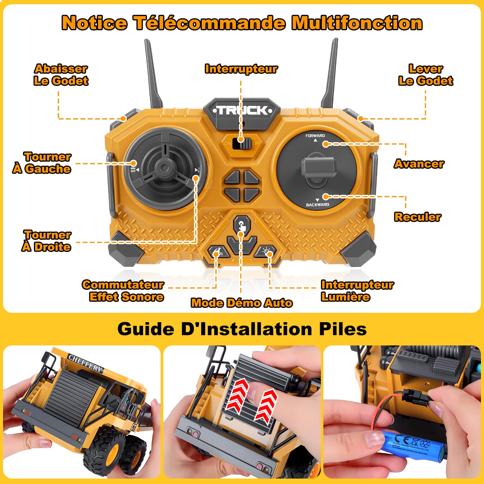 Camion Benne Télécommandé, Véhicule de Construction RC pour Enfants avec Lumière et Musique, 9 Canaux Camion Benne Jouet, Chantier Télécommandée Cadeau pour Garçon de 3 4 5 6 7 8 Ans