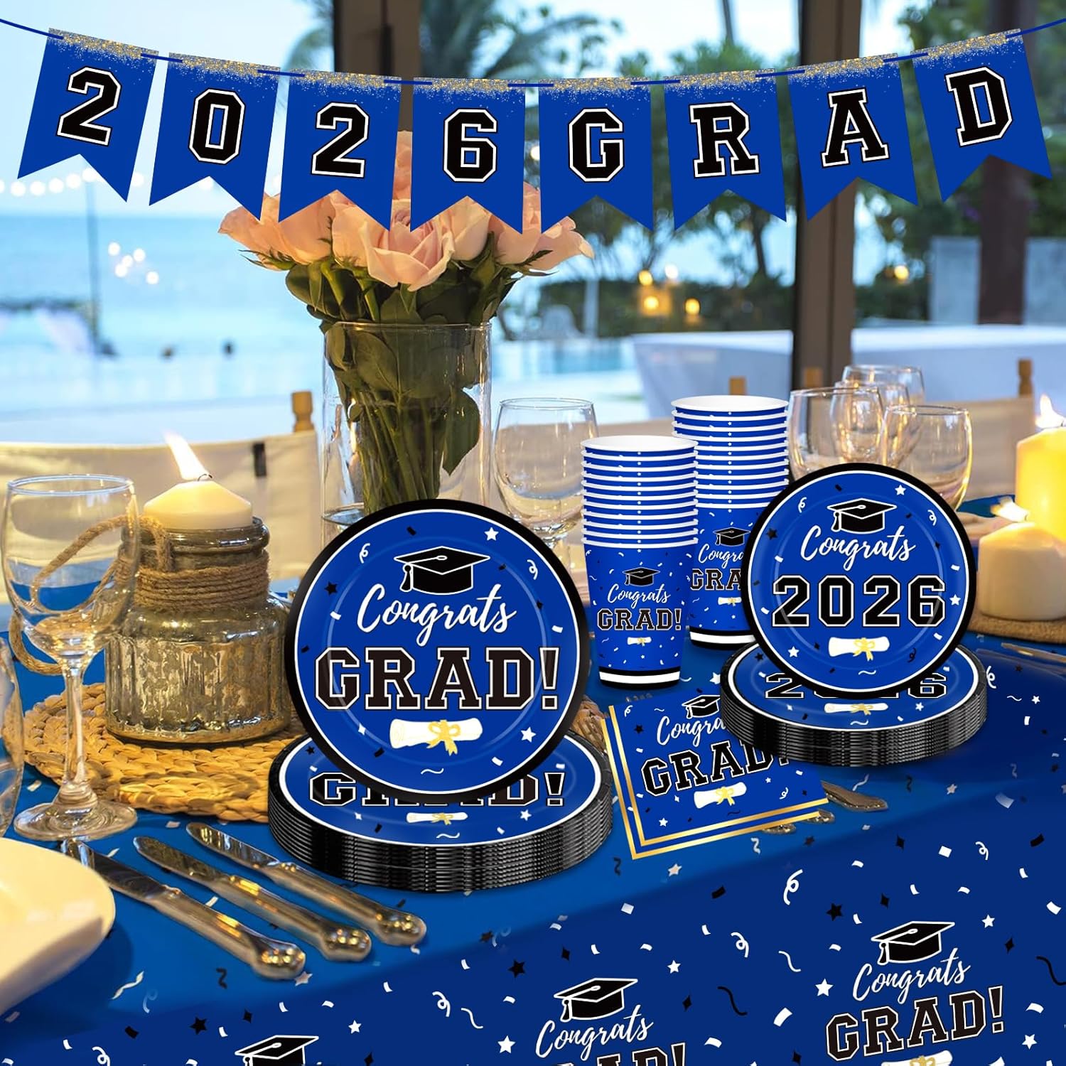 Graduation Decorations 2026 Disposable Blue Graduation Tableware Kit for 50 Guests Plates Napkins Cups Tablecloth Hanging Graduation Party Decorations 2026