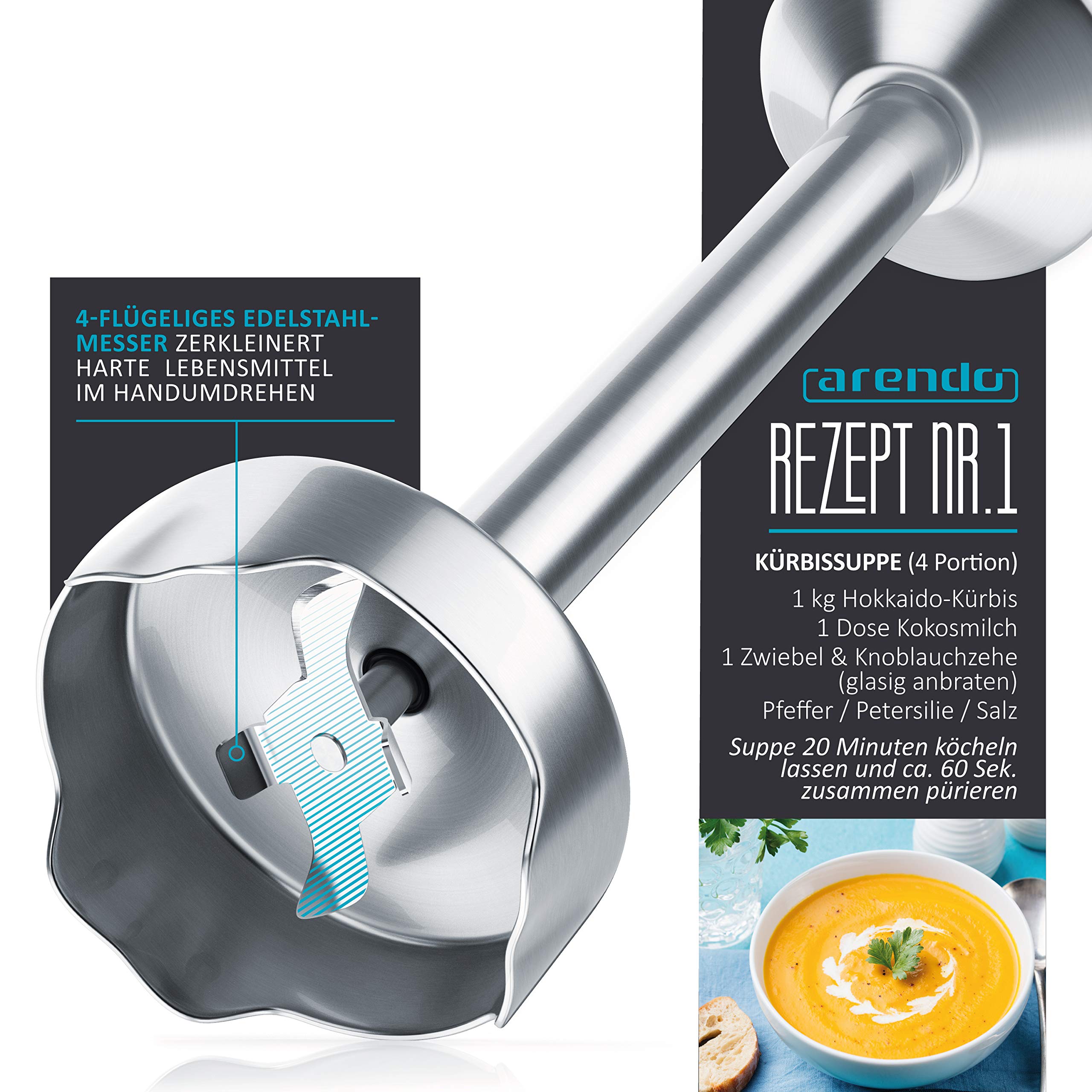 Arendo - Stabmixer 1000 Watt Edelstahl - vierflügeliges Messer - Pürierstab - stufenlose Geschwindigkeitsregelung - Turbotaste - Abnehmbarer Mixfuß - Cool Grey Design