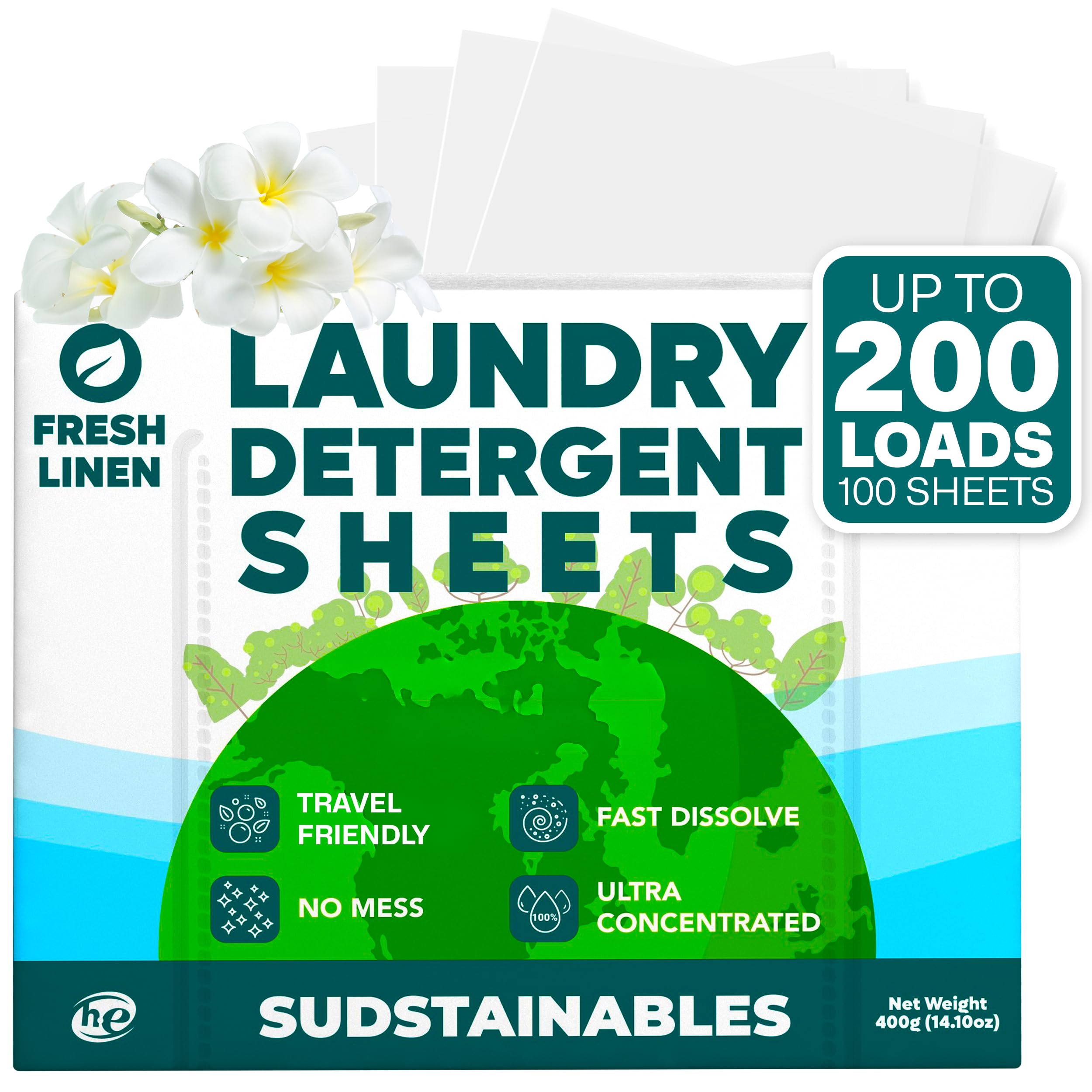 SudstainablesLaundry Detergent Sheets 200 Loads – Dissolvable Laundry Sheet for Washing Machines, Compact Alternative to Liquid & Powder Detergent, Travel-Friendly Soap | Fresh Linen[Amazon-developed Certification] Compact by Design