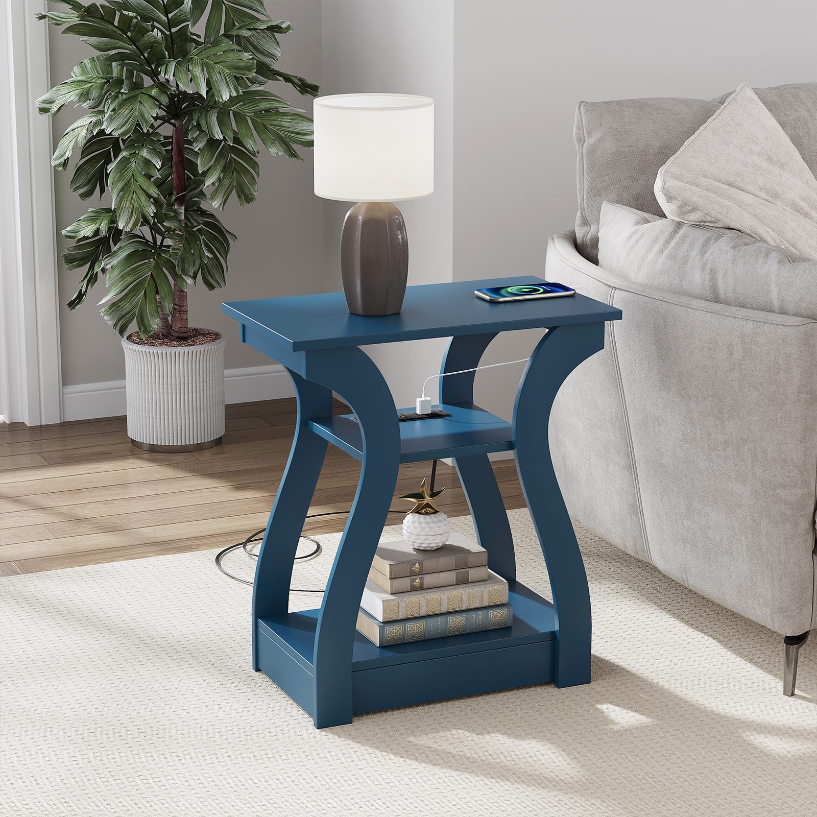 FROMJBEST End Tables Living Room, End Table end Table with Charging Station and USB,Navy Blue Side Table, Nightstand for Bedroom,3 Tier End Table with