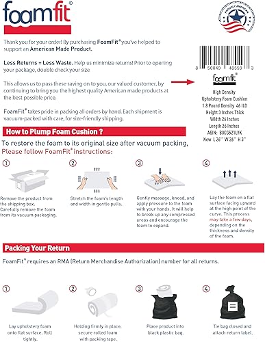 Miniatura 8 de FoamFit Espuma de tapicería de 3 pulgadas de grosor, 26 pulgadas de ancho, 26 pulgadas de largo, alta densidad, 1.8 libras, 46 ILD firme reemplazo