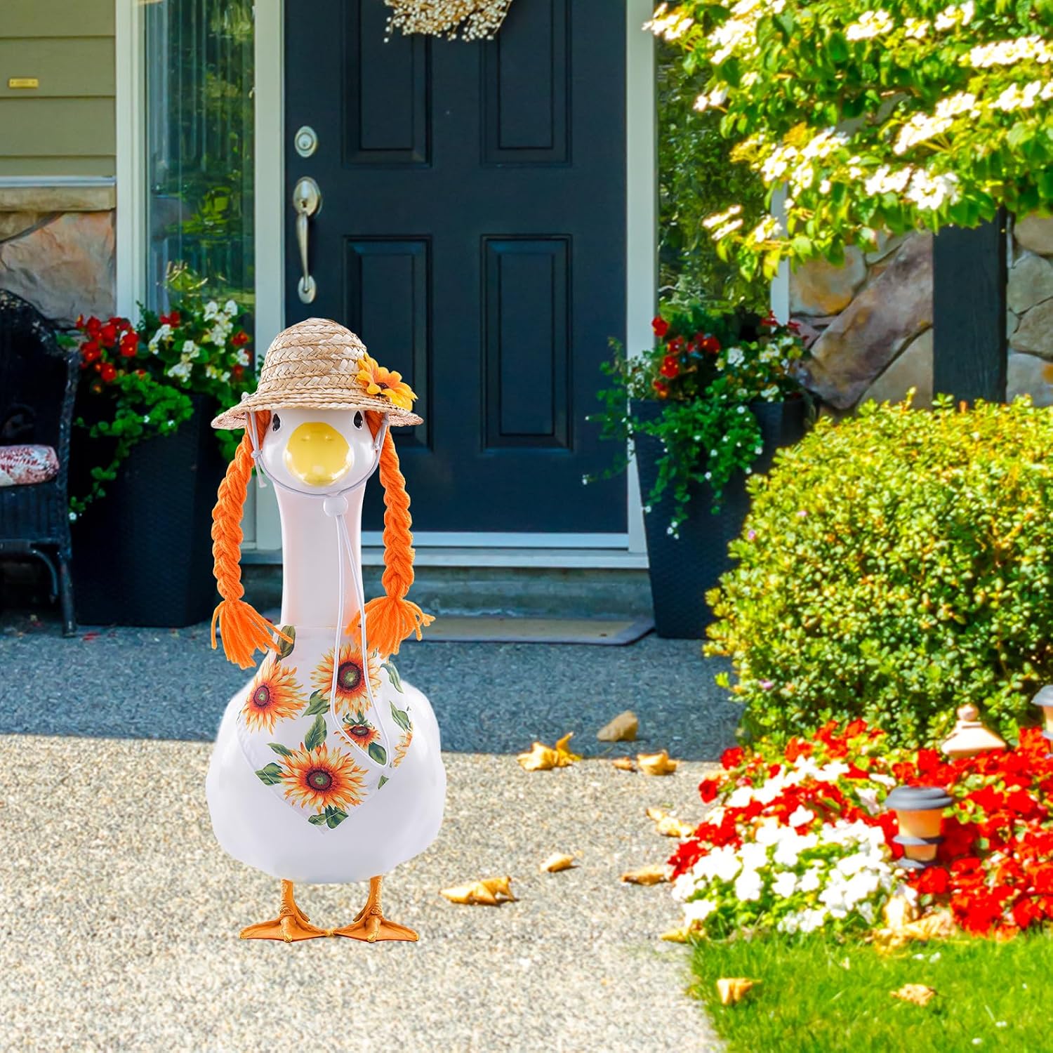 Sunflower Outfit for Porch Goose - 2Pcs Summer Goose Clothes with Yellow Floral Hat & Bib Accessories for 23” Cement or Plastic Gooses Statue, Garden Lawn Porch Decoration