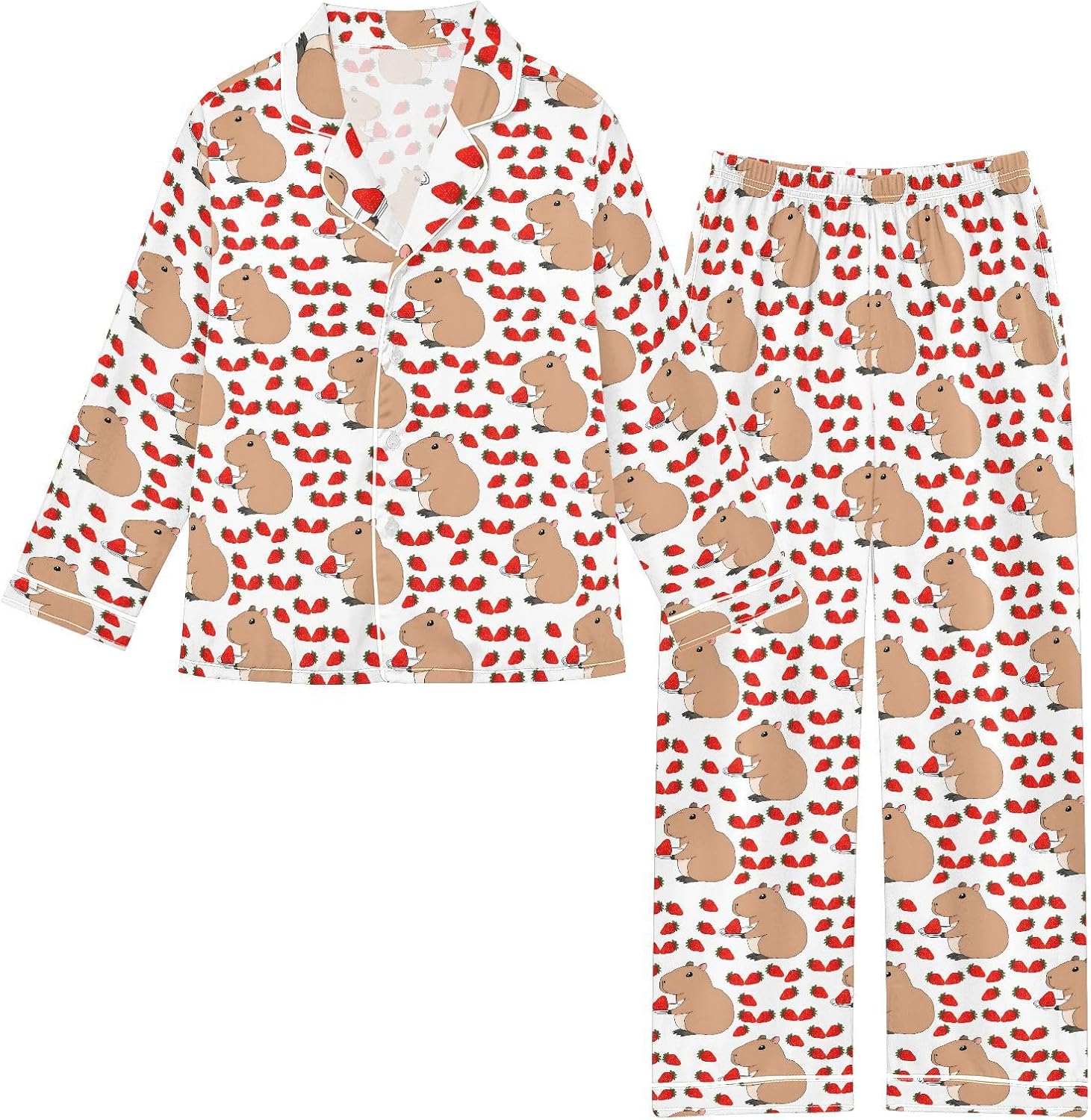 senya Cute Birthday Capybara Satin Pajama Sets Long Sleeves Nightwear Button Down Sleepwear