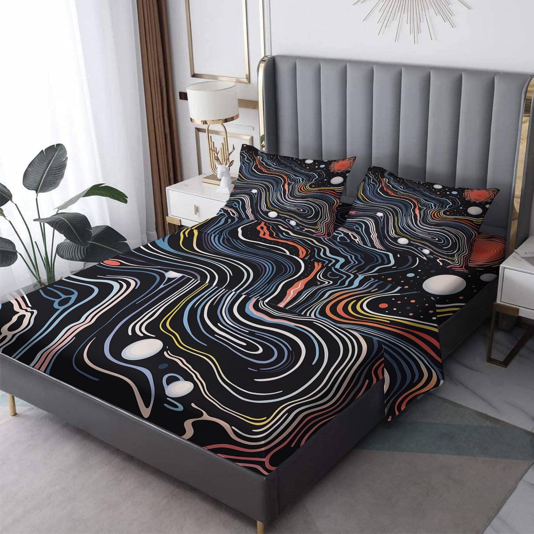 Zvynqour Abstract Cosmic Bed Sheets Full Size - Galaxy Sheet Set - Deep Pocket Fitted Sheets & Flat Sheet & Pillowcases 4 Piece - Optical Illusion Bedding & Decor - Soft Brushed Microfibe