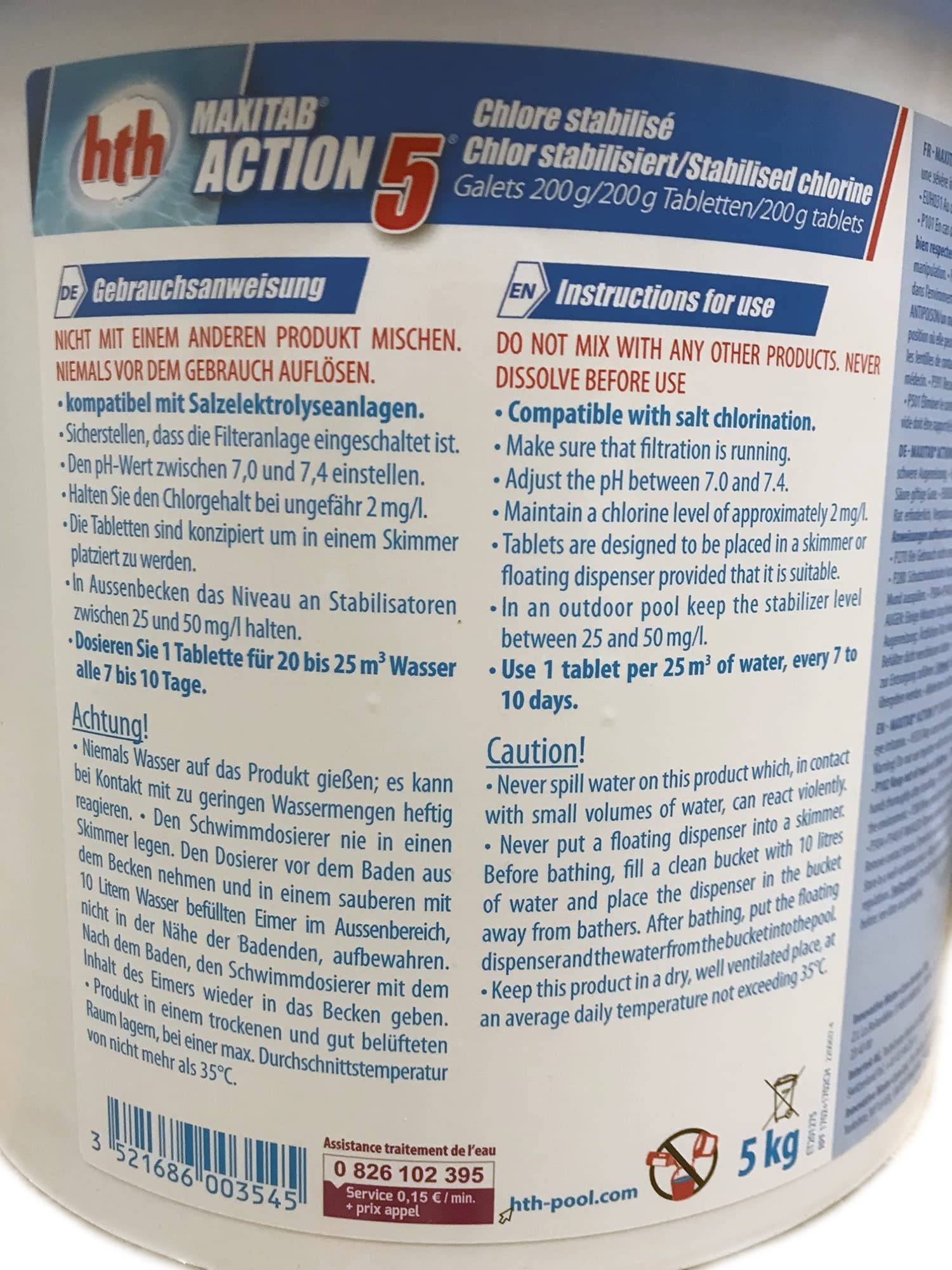 HTH Tablettes de chlore multifonction 200g, seau de 5kg - 5 actions en un produit.