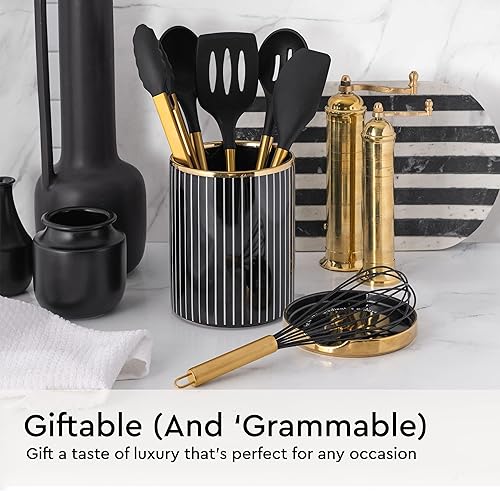 Miniatura 6 de Juego de utensilios de cocina negros y dorados, juego de utensilios de silicona de 6 piezas, incluye pinzas, batidor, cuchara de servir, espátula y