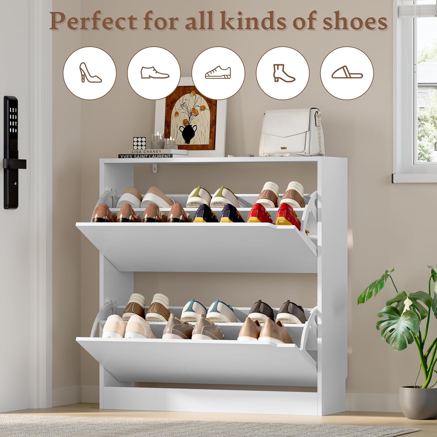 BORNOON shoe cabinet with both flip drawers open, displaying various shoes