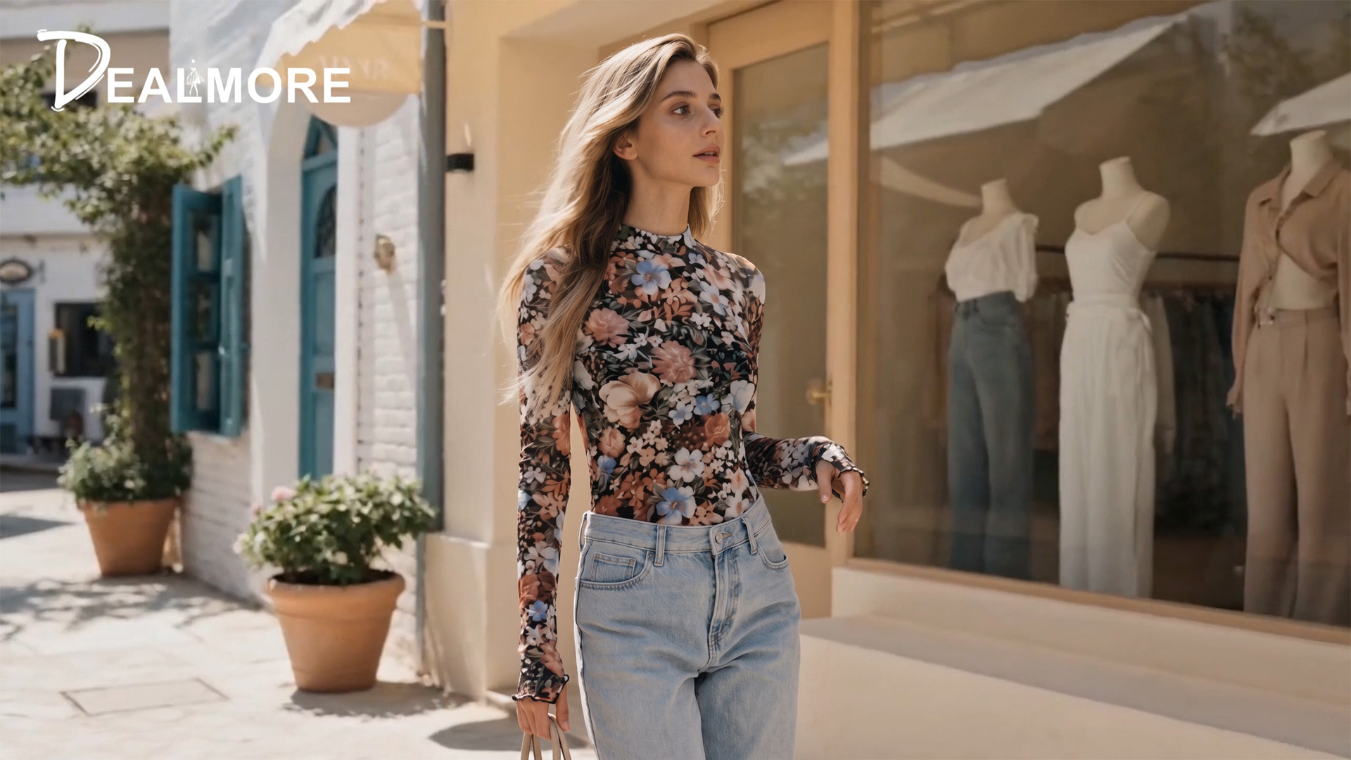 Dealmore Lace Sheer Floral Mesh Mockneck Going Out Tops for Women