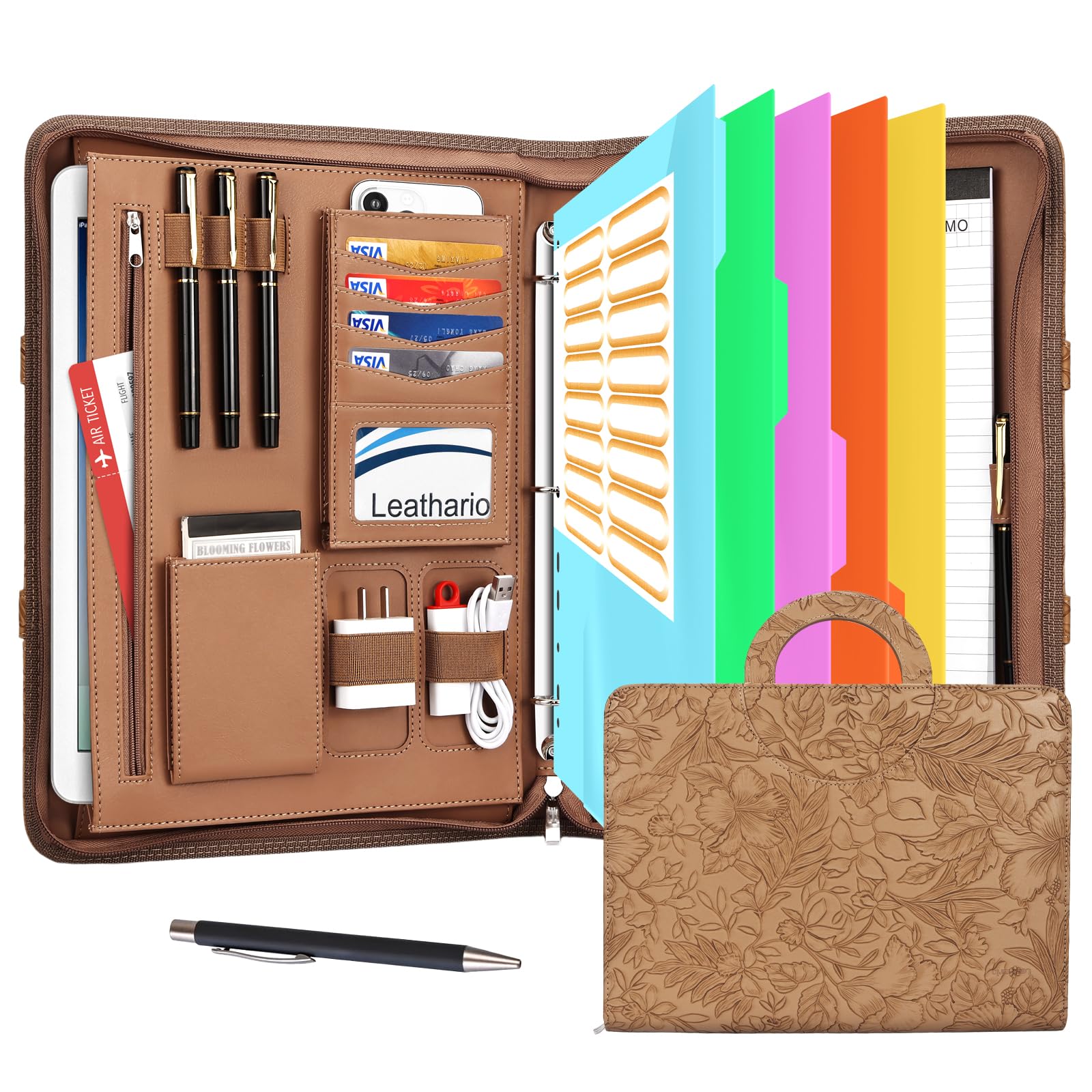 Leathario Portfolio Binder, Includes 5 Folder Index Dividers, 13 Inch Tablets Organizer with Handle, Vegan Leather A4 Padfolio, Multi-Pocket Notepad Business Planner Professional Document