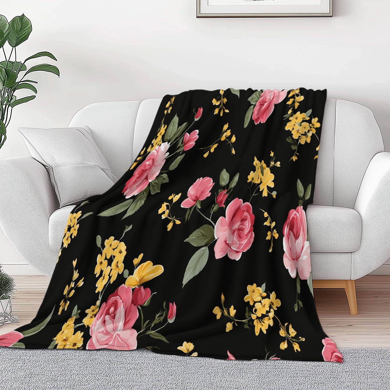 Manta pequeña con estampado floral negro, 180 x 200 cm, suave y acogedora, manta térmica de franela para niños y niñas, cama y sofá, manta mullida