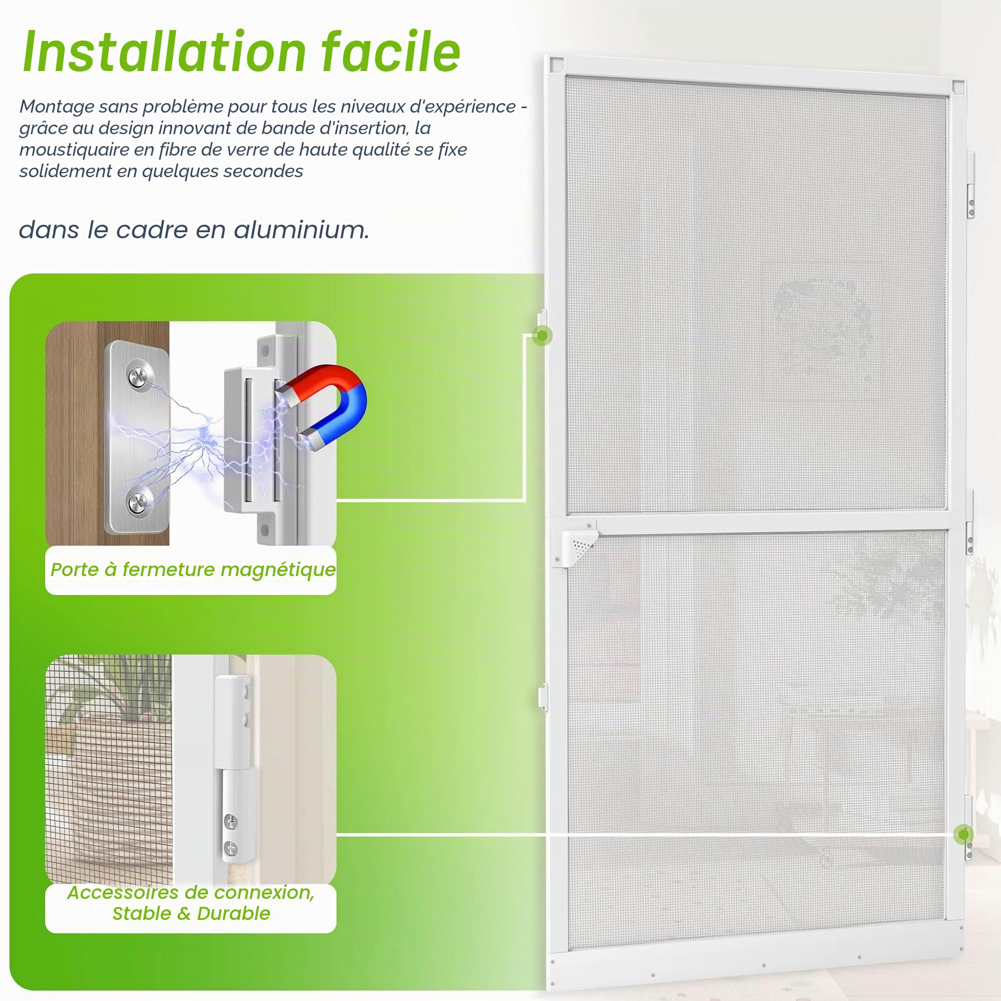 UISEBRT Moustiquaire de porte avec cadre en aluminium - Tissu en fibre de verre - 120 x 240 cm - Blanc