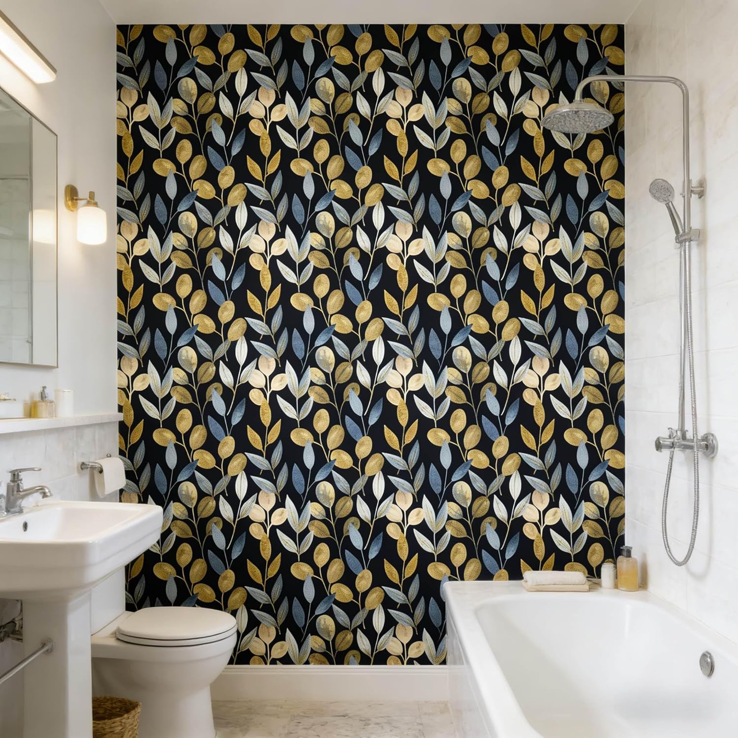 Blue Gold Leaf Peel and Stick Wallpaper Self Adhesive Dark Floral Waterproof Removable Accent Wall Paper for Bedroom Bathroom Living Room Wallpaper 17.7"x354"