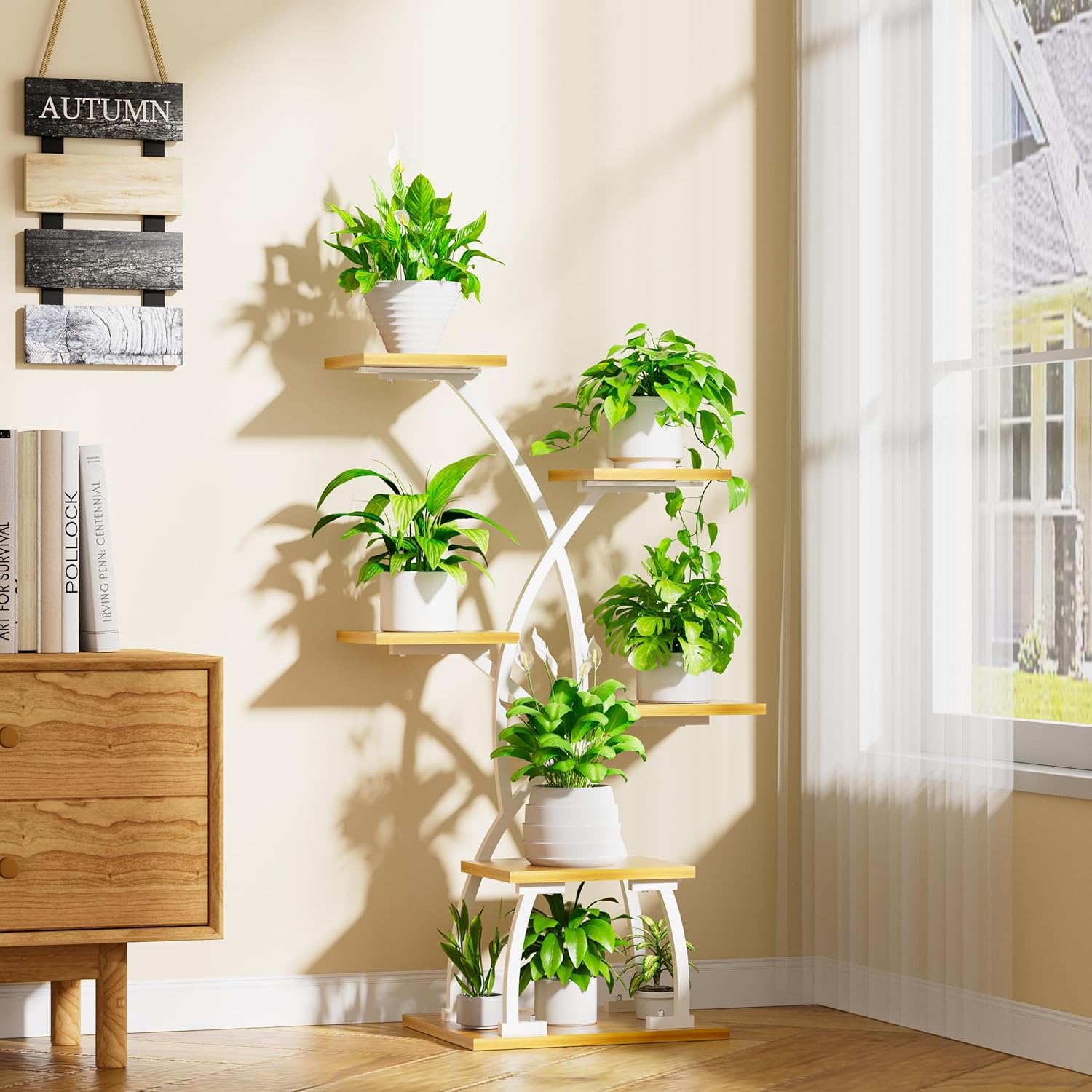 Plant Stand Indoor with Grow Lights - 6 Tiered Plant Shelf Indoor, 36" Corner Plant Stands for Indoor Plants Multiple, Metal Curved Flower Holder Display Rack for Patio, Balcony, Home Decor, White