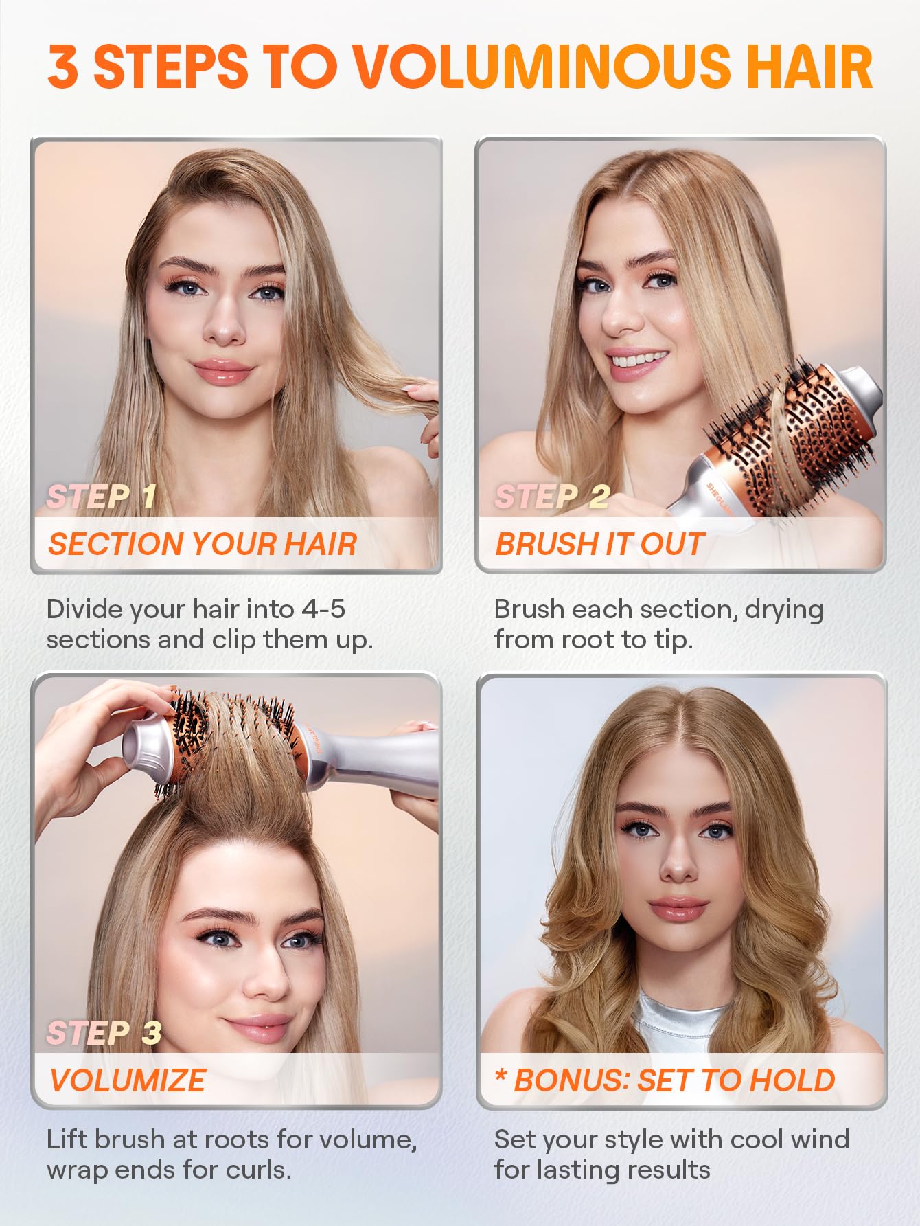 SHEGLAM Blowout Bliss Brosse à Air Chaud 4 en 1 – Séchage, Lissage, Bouclage et Volume avec Soin Brillant – Brosse Thermique, Séchoir et Styler