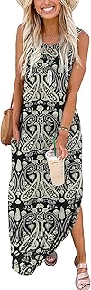AUSELILY Maxi Dresses Women's Summer Sleeveless Beach Dress Long Summer Dresses Tank T-Shirt Dress with Pockets