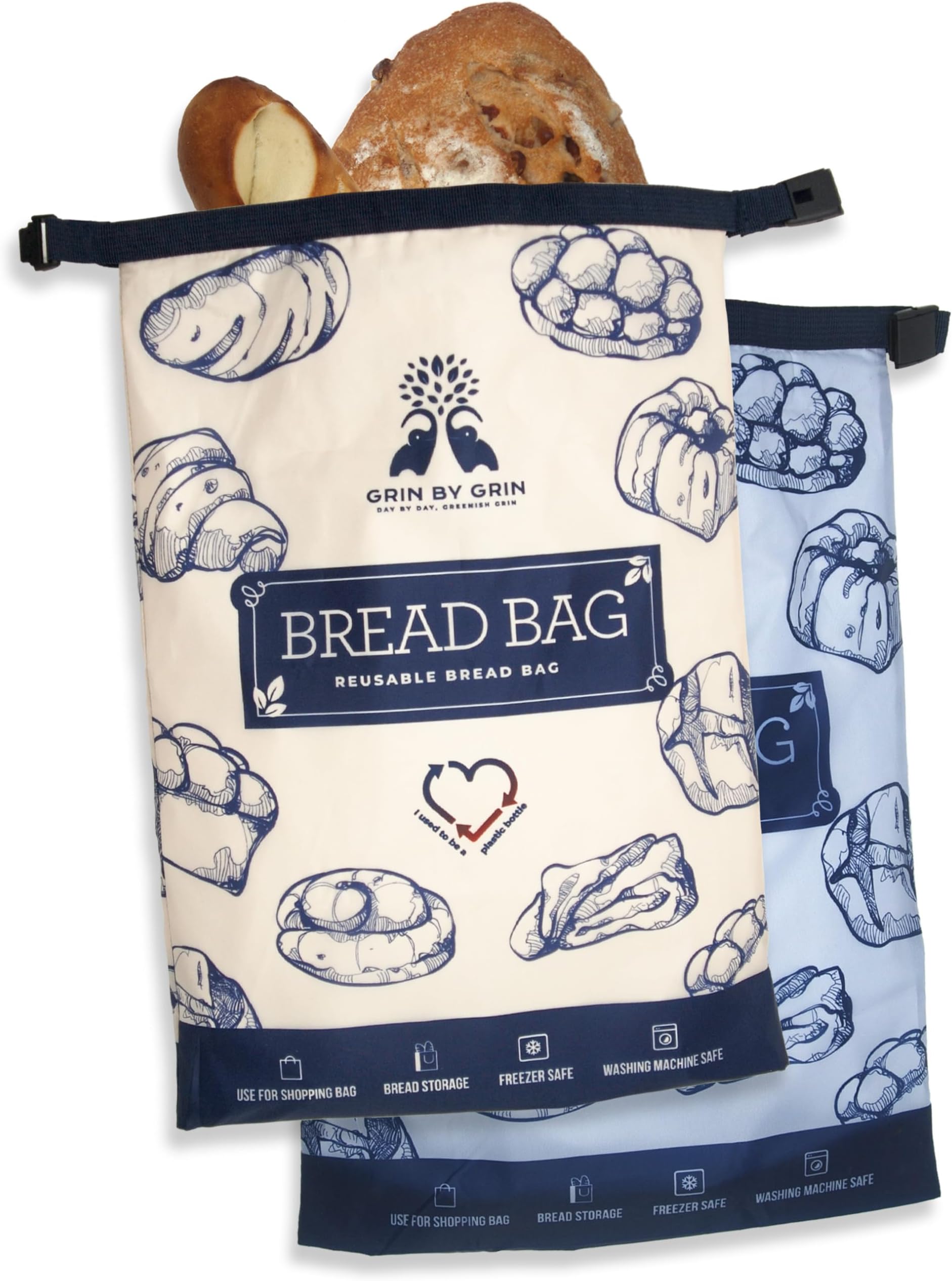 GRIN BY GRIN - 2 Pack Extra Large Reusable Bread Storage Bags with Zipper, Freezer Container for Homemade Loaf and Fresh Keeping
