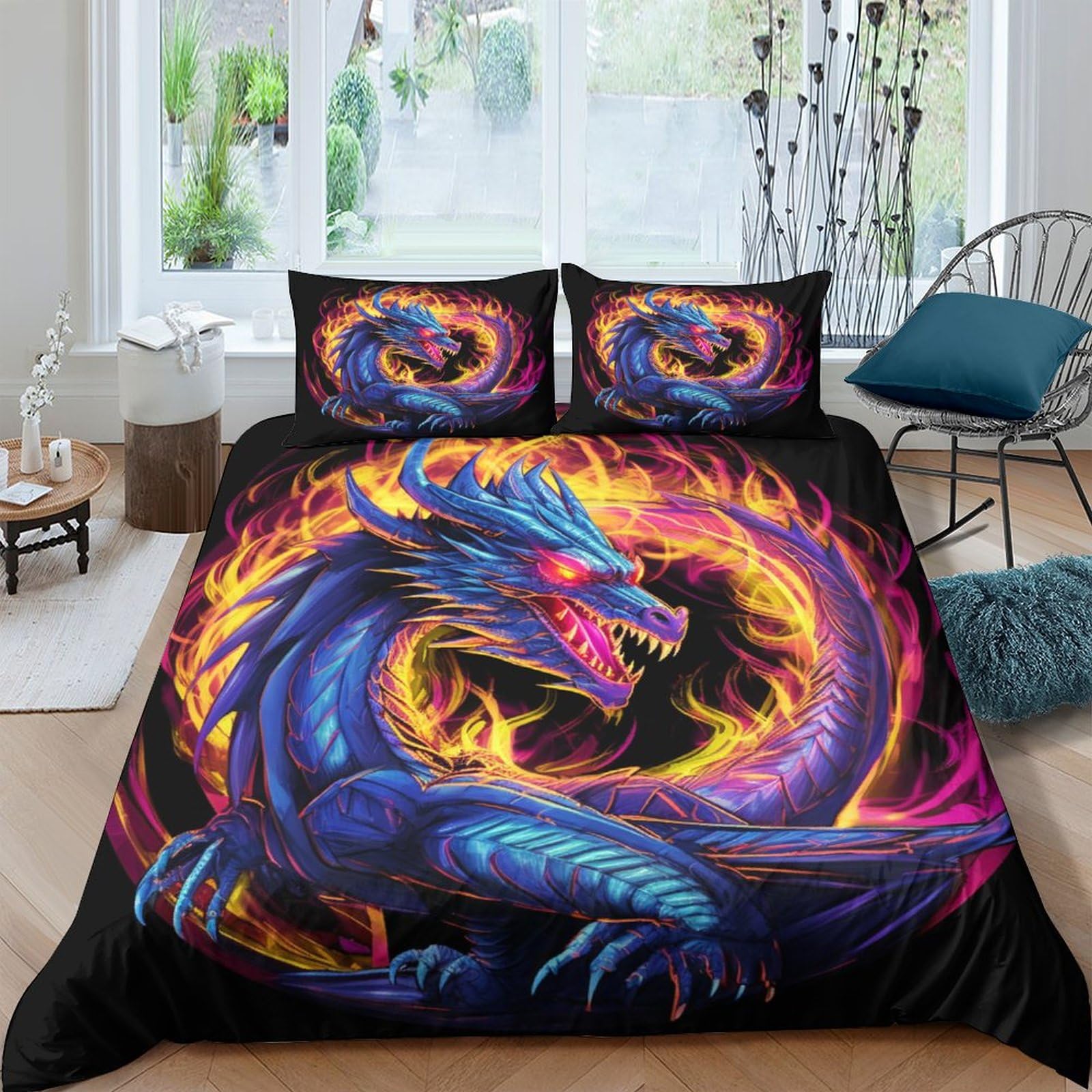 Housse de couette 220x240 respirante motif dragon et taies zippées