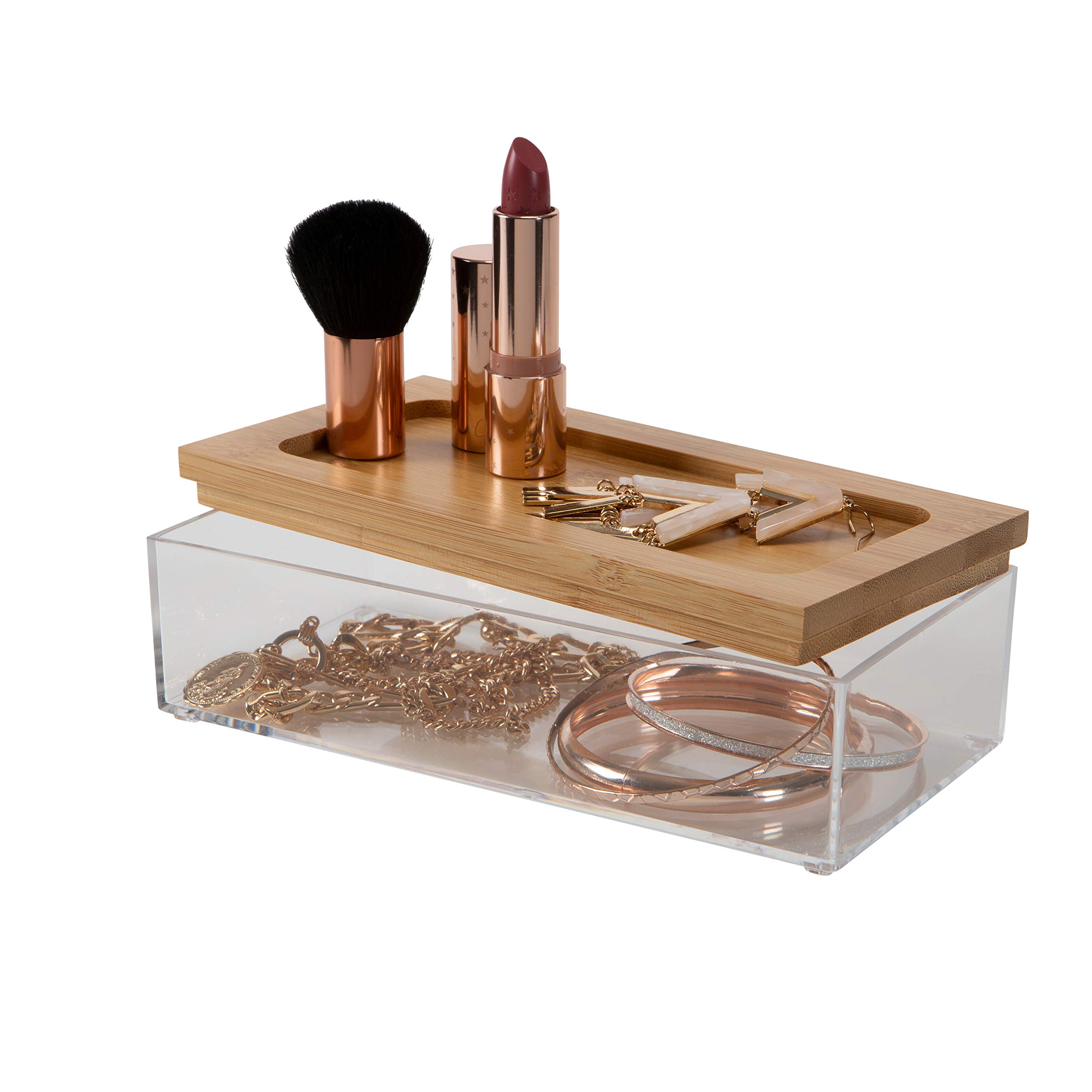 Simplify Medium Rectangular Bamboo Organizer | See-Through | Jewelry | Makeup | Cosmetics | Accessories | Bathroom & Bedroom | Vanity & Countertop | Lidded Boxes | Super Clear