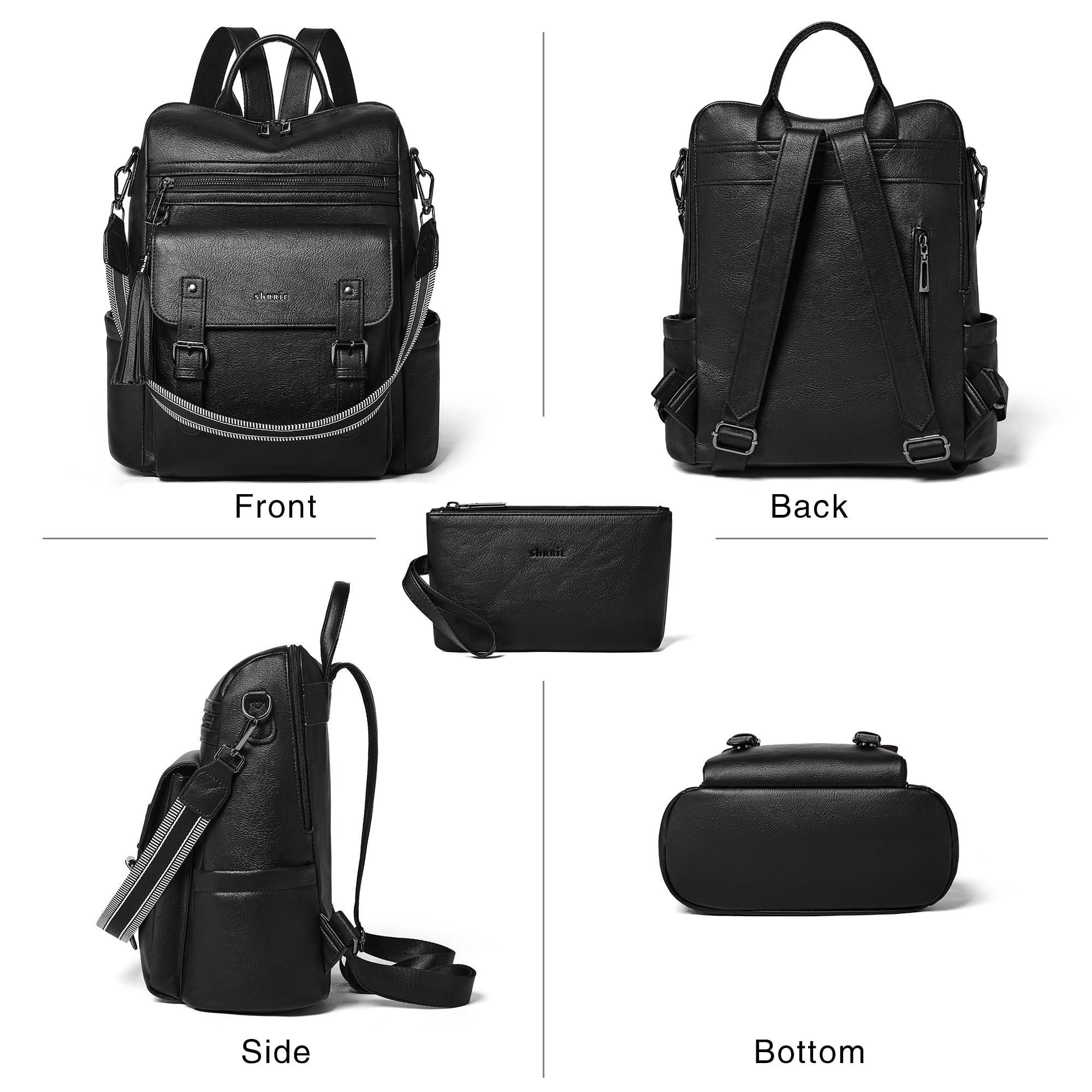 Shrrie Sac a Dos Femme en Cuir Vegan,Sacs à Main Portés Dos Antivol Imperméable Elegant Leger,Sacs à Dos Cartable avec Sangle de Guitare Amovible,Backpack Casual pour Voyage Travail Loisirs