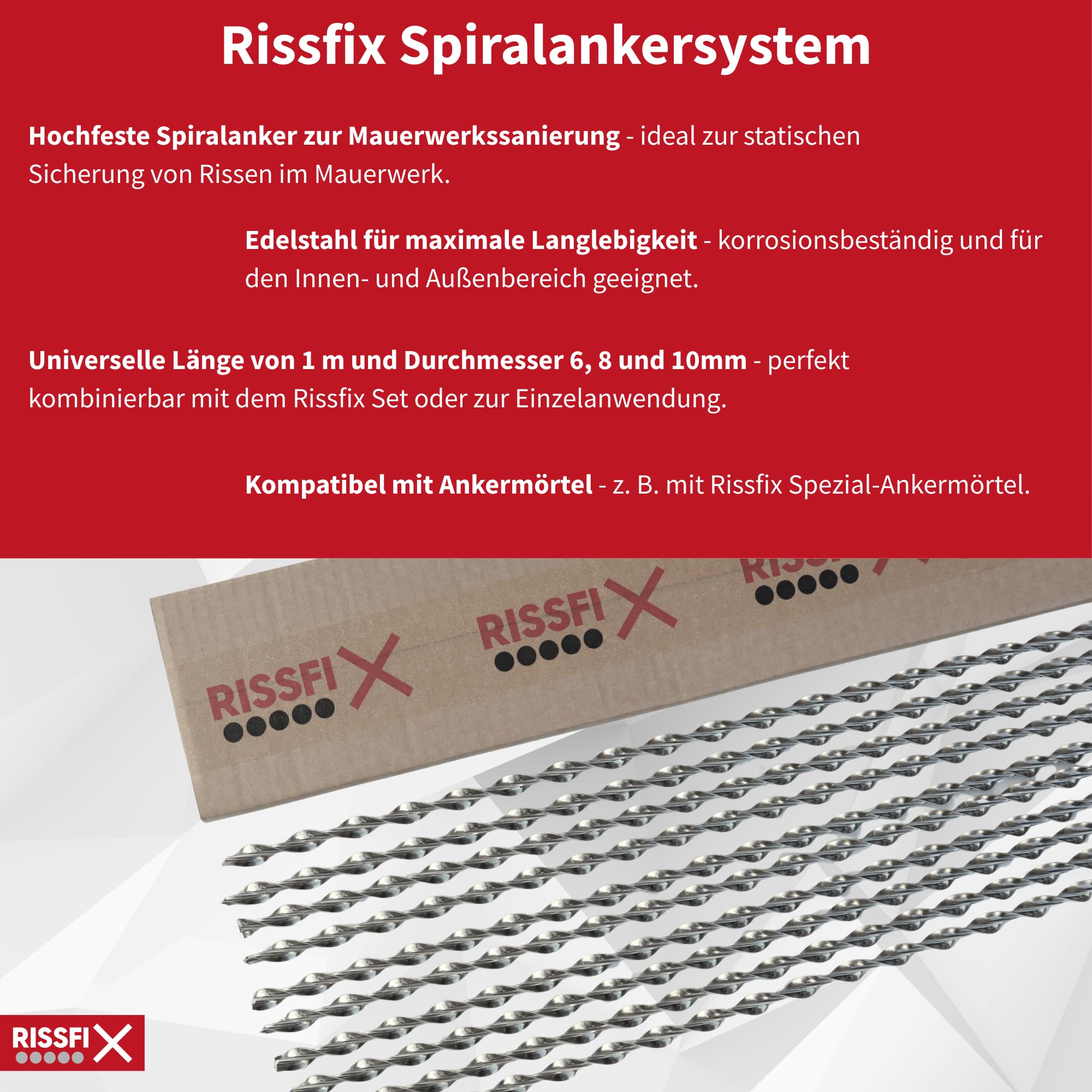 Spiralanker aus rostfreiem Edelstahl – 10 Stück à 1 m – zur Sanierung von Rissen im Mauerwerk (⌀ 6 mm)