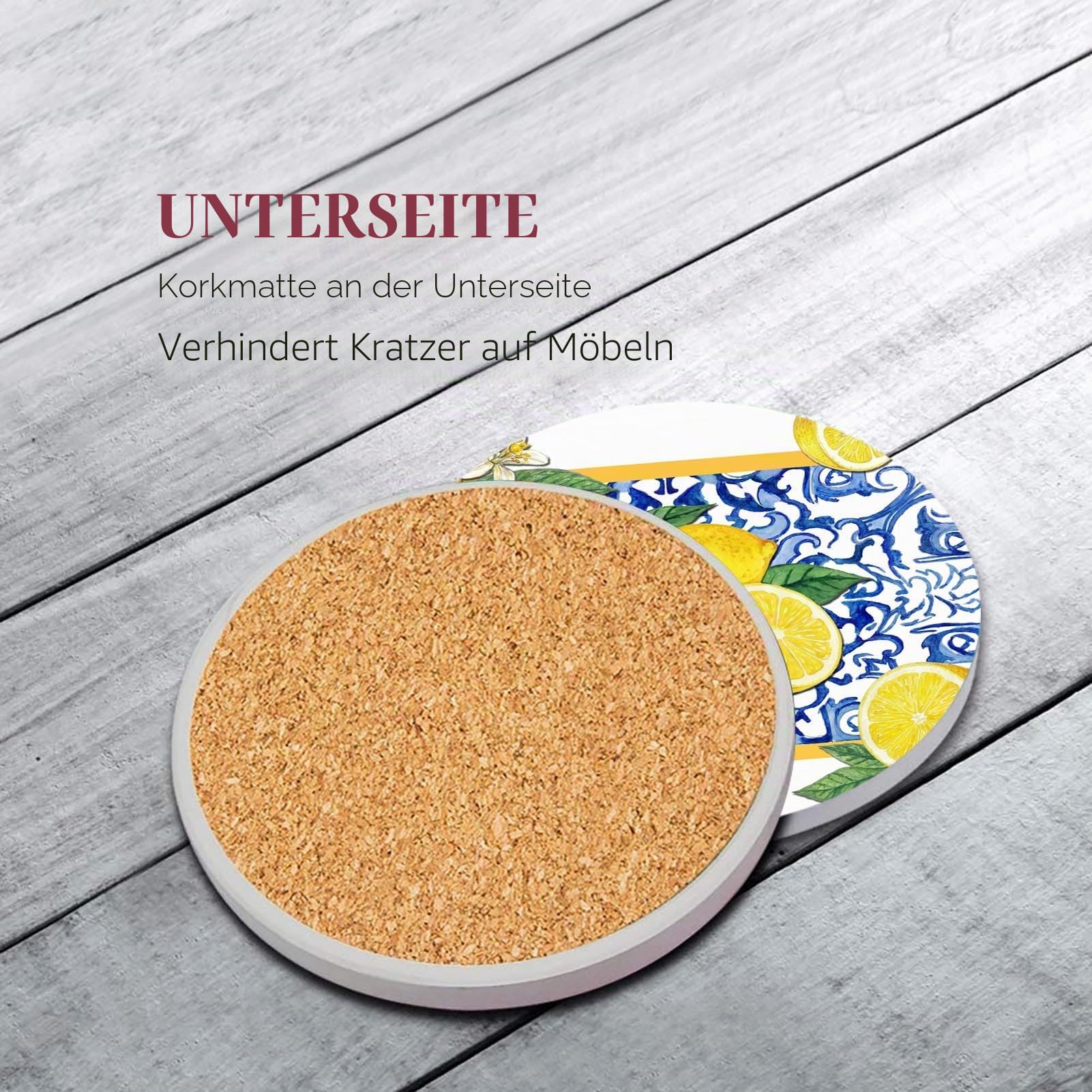 Untersetzer für Getränke, 6 Stück, gelbe Zitrone, Obst, Blau, Keramik-Muster, saugfähig, rund, Keramik-Steinmatte, mit Korkboden und Metallhalter, Geschenk für Einweihungszimmer, Bar, Dekor
