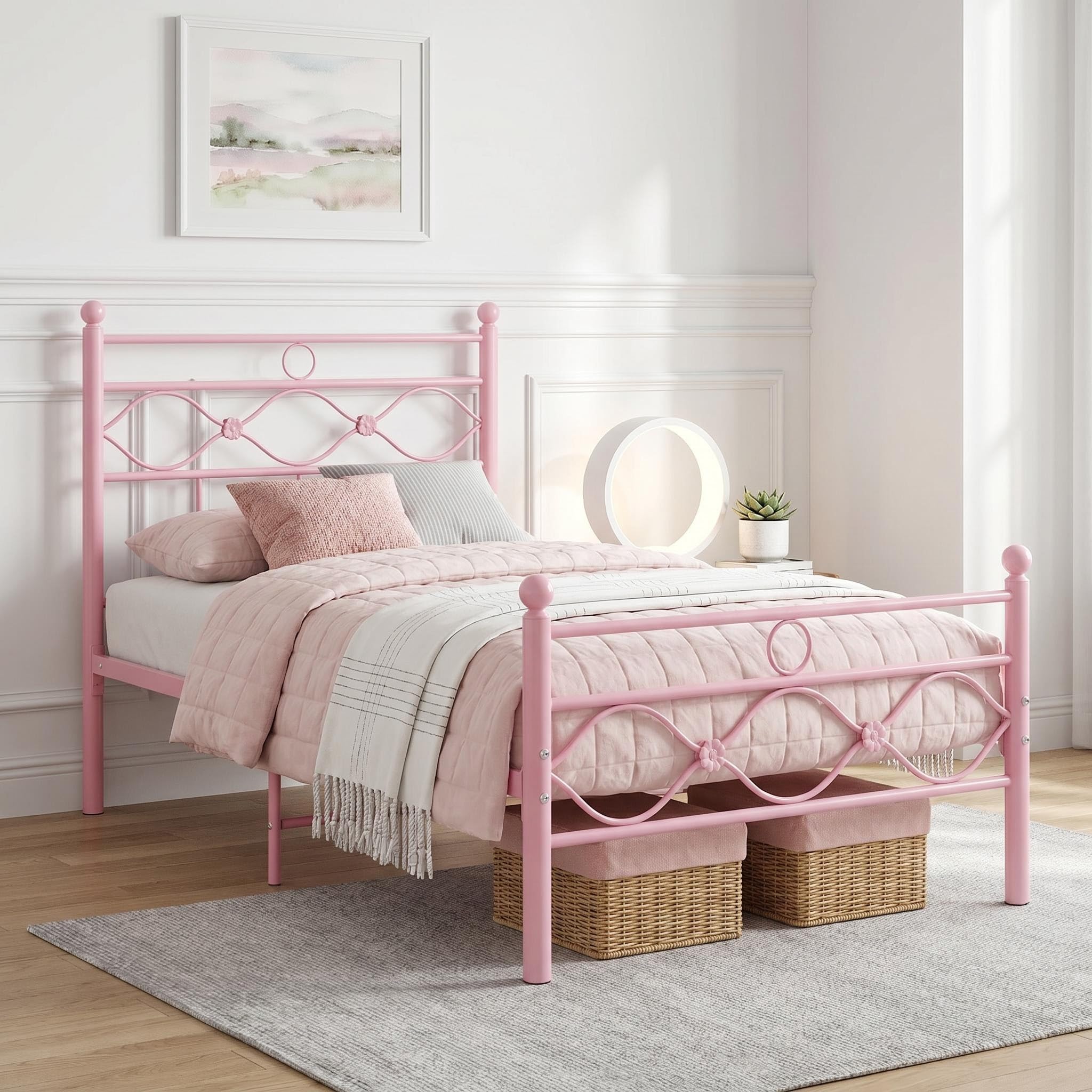 Panana Single Metal Bed Frame,90 x 190cm,3FT Platform Bed with 28cm Under Bed Storage,Modern Luxury Solid Bedstead for Guest Room,Bedroom (Pink)