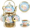 20Pcs Tea Set for 6 with 700ml Teapot & 160ml Cups, Ceramic Teaset with Stand Elegant Floral Design European British Style Tea Party Cup and Saucer Sets for Adults, Afternoon Tea, Wedding Gift, Blue