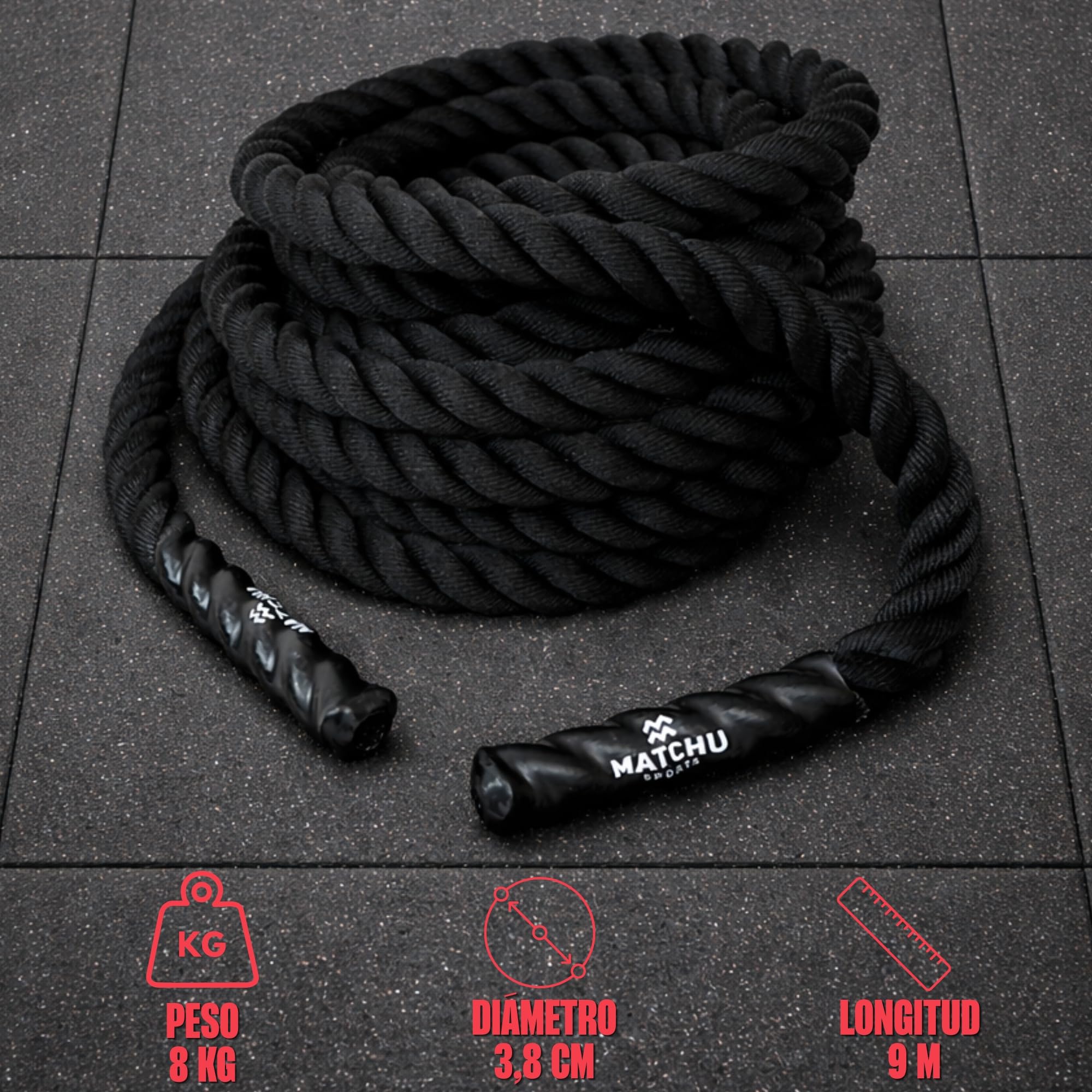 Matchu Sports Comba de batalla, cuerda de fitness, 9 m x 38 mm, poliéster tejido, 8 kg, color negro