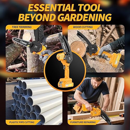 Miniatura 9 de Mini motosierra inalámbrica, motosierra eléctrica portátil de 6 pulgadas con 2 baterías, 2 cadenas, motosierra de mano pequeña a batería