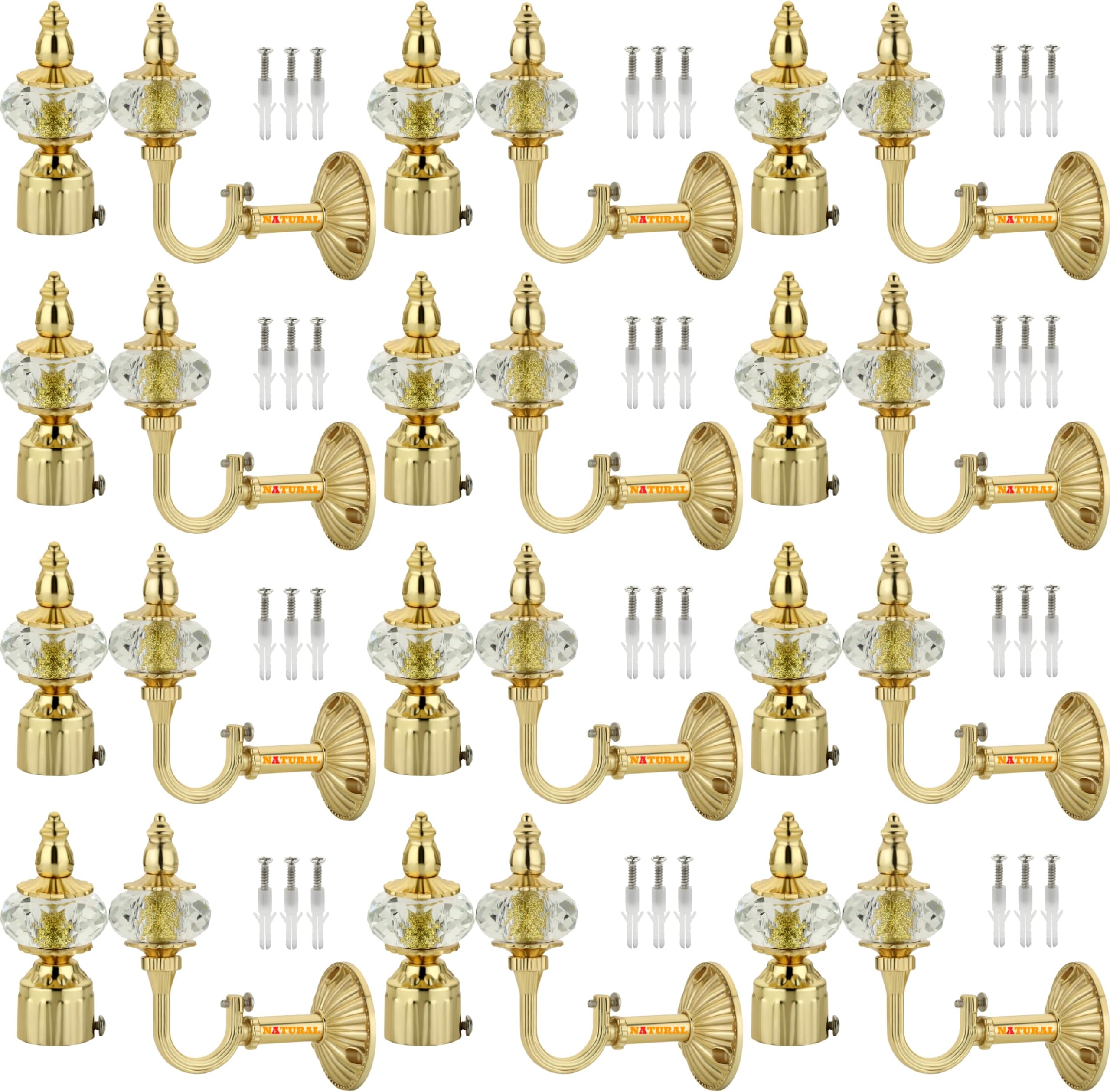NATURAL Heavy Duty Aluminum Royal Luxury Design Curtain Bracket/Finial and Curtain Support with Screw/Wallplug for Window & Door Curtain Fittings Suitable Upto 1 Inch Pipe. (12 Set, Gold)