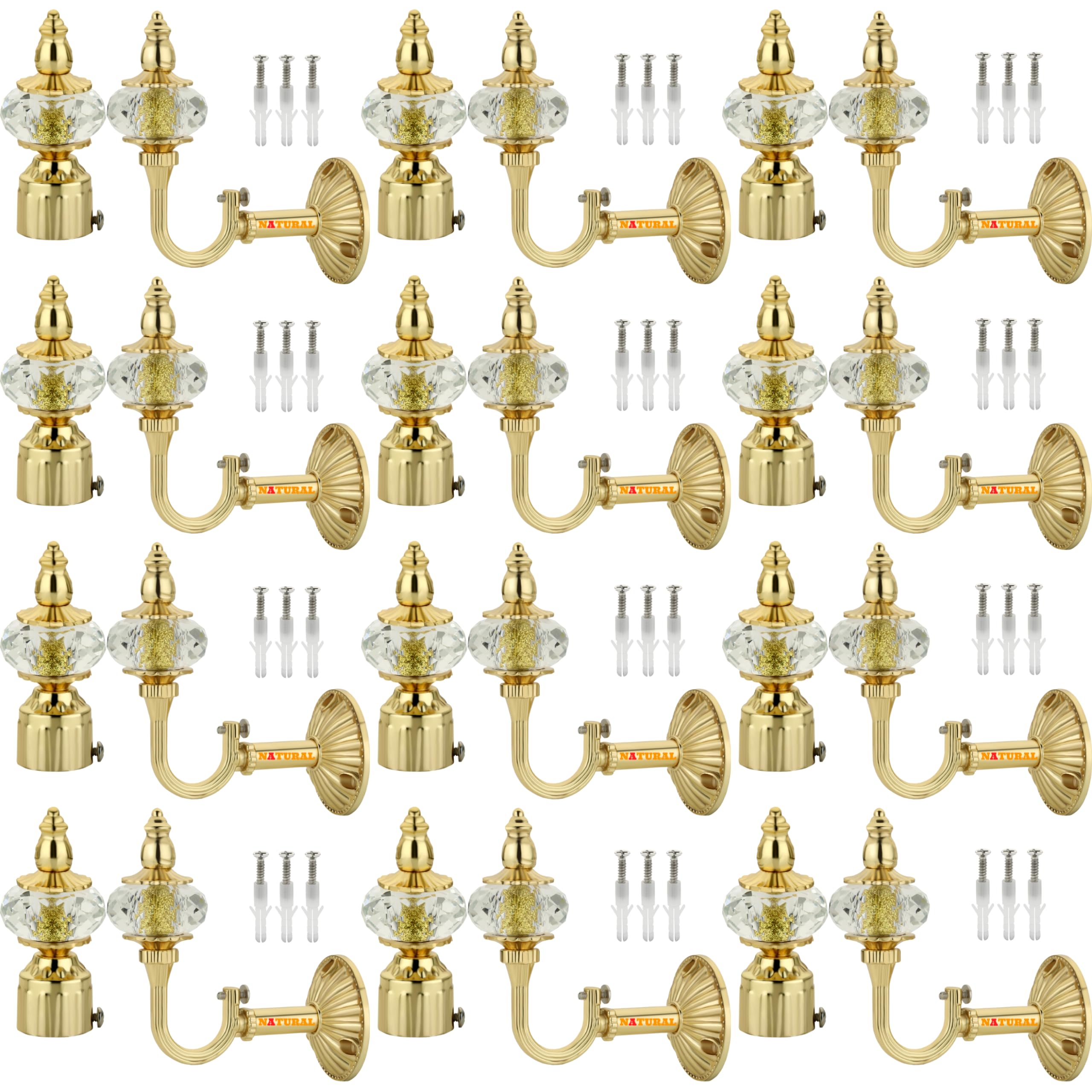 NATURAL Heavy Duty Aluminum Royal Luxury Design Curtain Bracket/Finial and Curtain Support with Screw/Wallplug for Window & Door Curtain Fittings Suitable Upto 1 Inch Pipe. (12 Set, Gold)