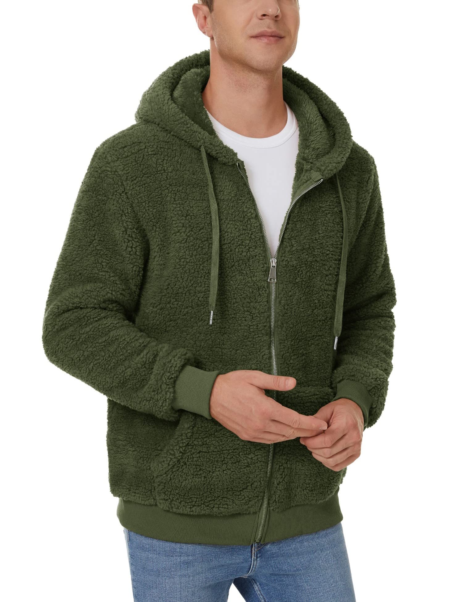 iWoo Mens Fuzzy Sherpa Hoodie Sweatshirt Long Sleeve Full Zip Soft Fleece Jackets Winter Hooded Outwear