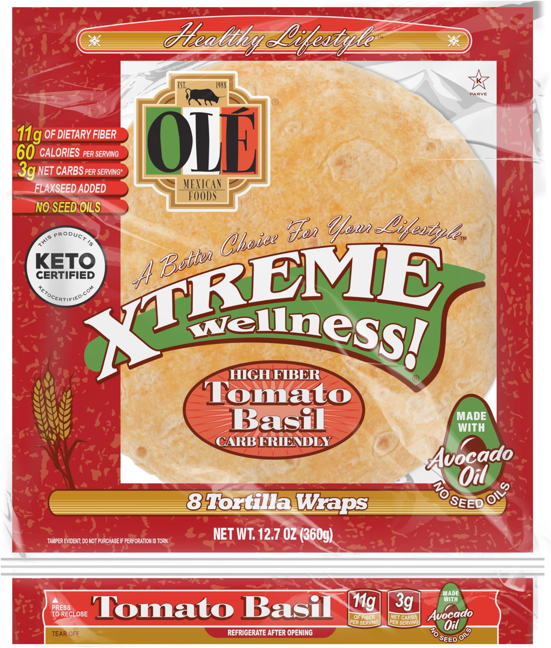 Olé Xtreme Wellness® Tomato & Basil | 8" Size Flour Tortillas |Carb Friendly |Keto Certified | 12.7 oz.| 8 Count (Pack of 4)