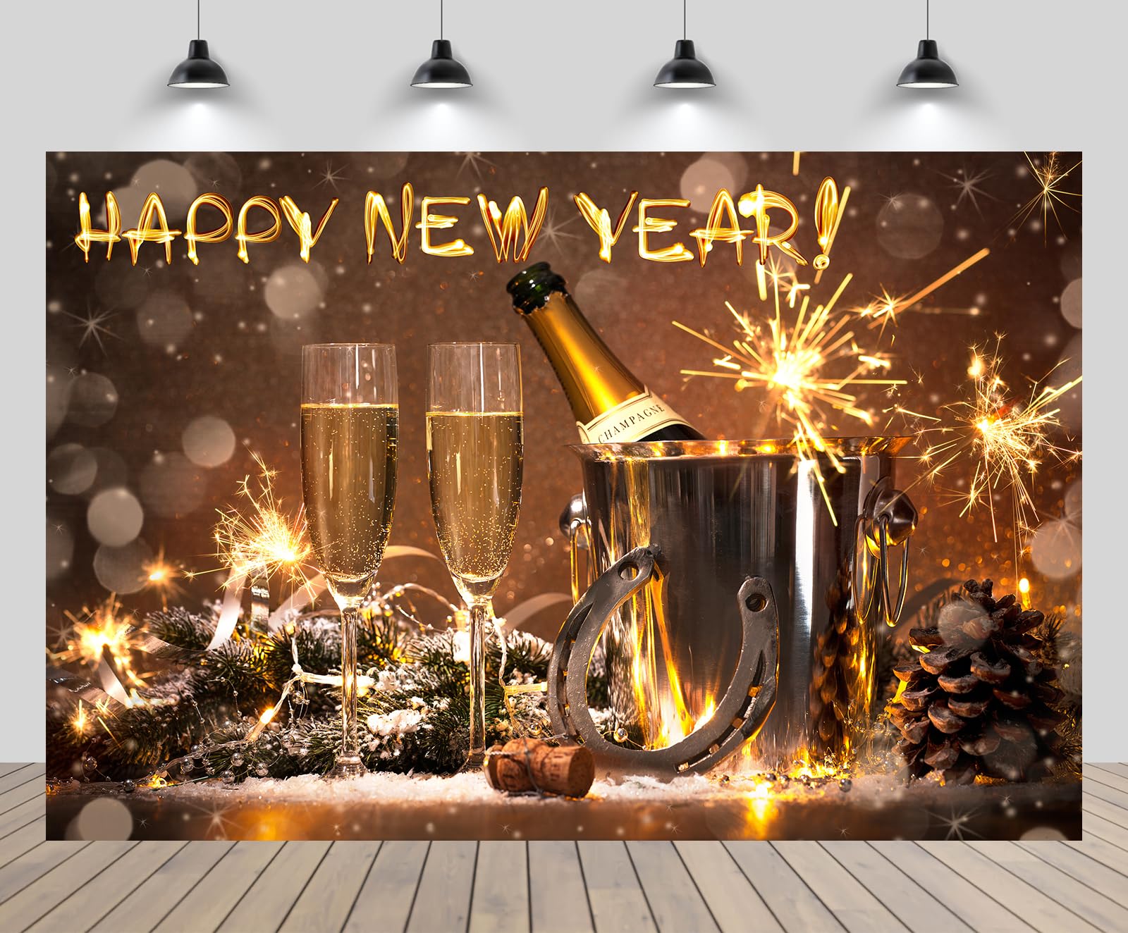 chnywork 10x8ft Happy New Year Backdrop Lucky Horseshoe Champagne Glasses Fireworks Bokeh Background Christmas 2025 New Year Eve Party Decor Portrait