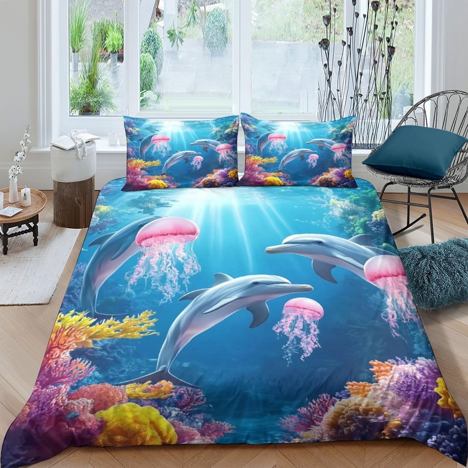 Ctjqhvkz Style-3 3D Printed Ocean Dolphin Fitted Sheet Microfiber Soft Coral Reef Jellyfish Mattress Cover Bedroom Decor Single（135X200cm）