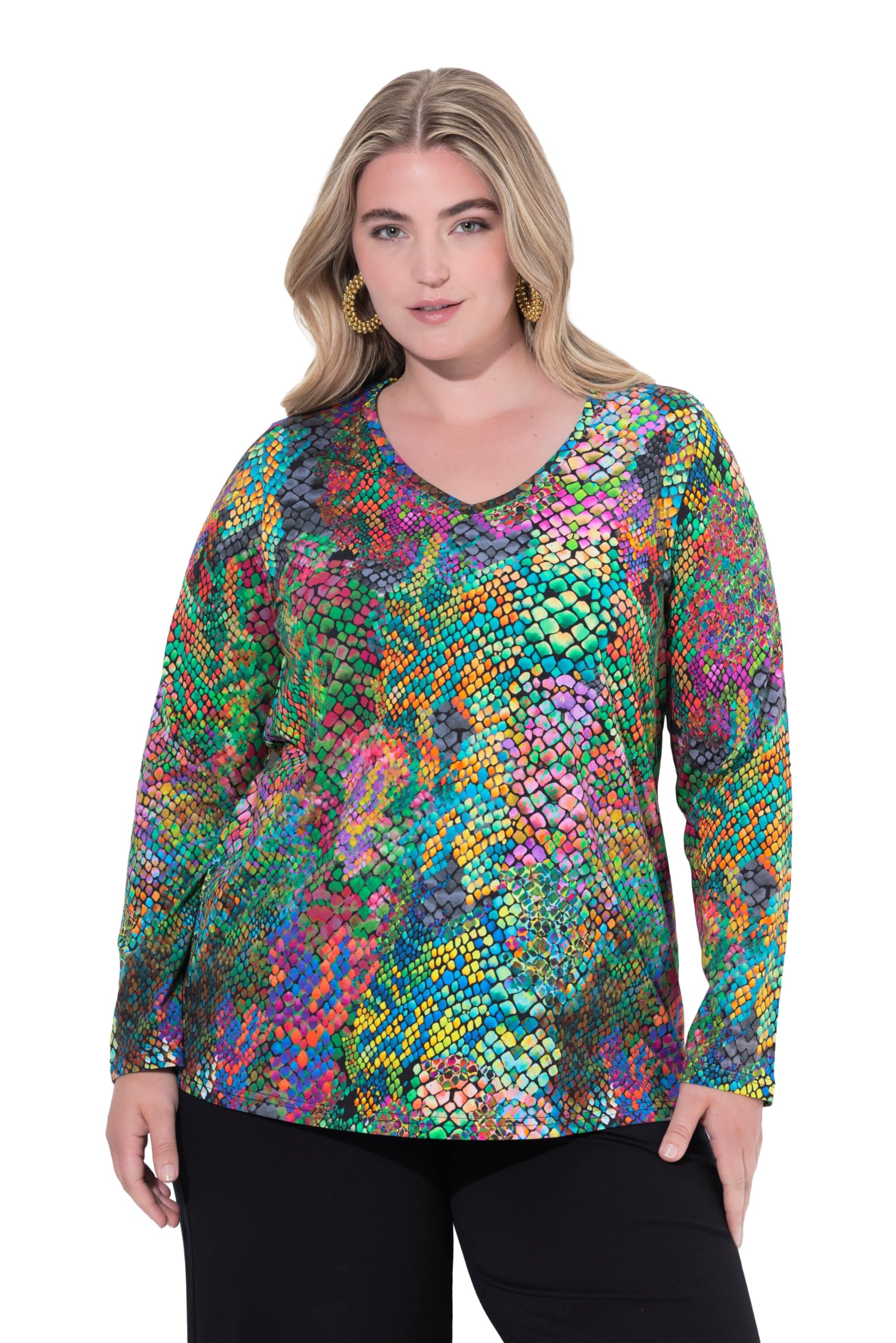 Ulla Popken Damen große Größen Übergrößen Plus Size Shirt, Schlangenmuster, A-Linie, V-Ausschnitt, Langarm 844538