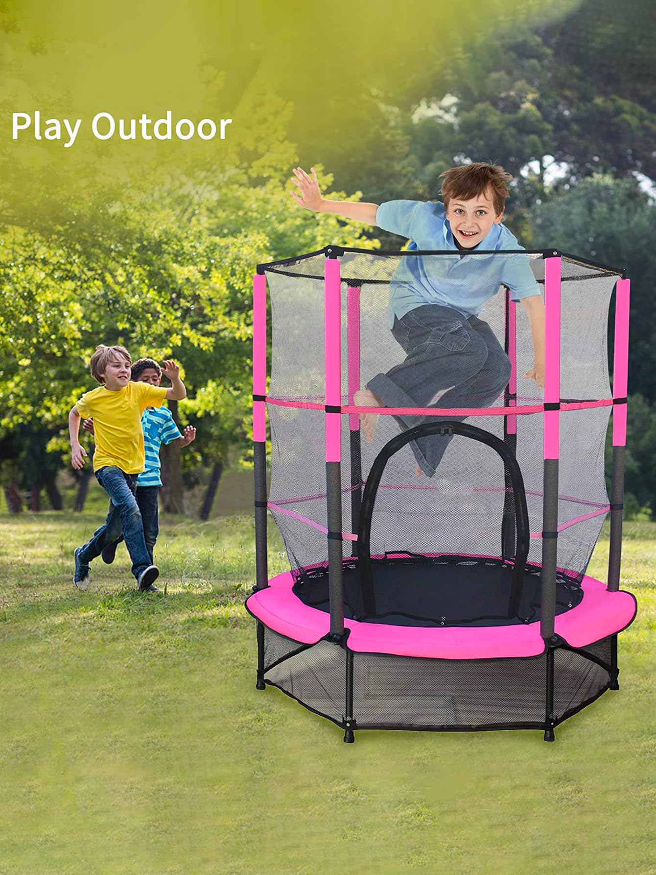 Trampolino Elastico per Bambini,55'' Trampolino con Rete di Sicurezza, Robusto Telaio in Acciaio,Copertura Protettiva e Cuscinetti di Sicurezza, Trampolino da Giardino Interno ed Esterno,Rosa